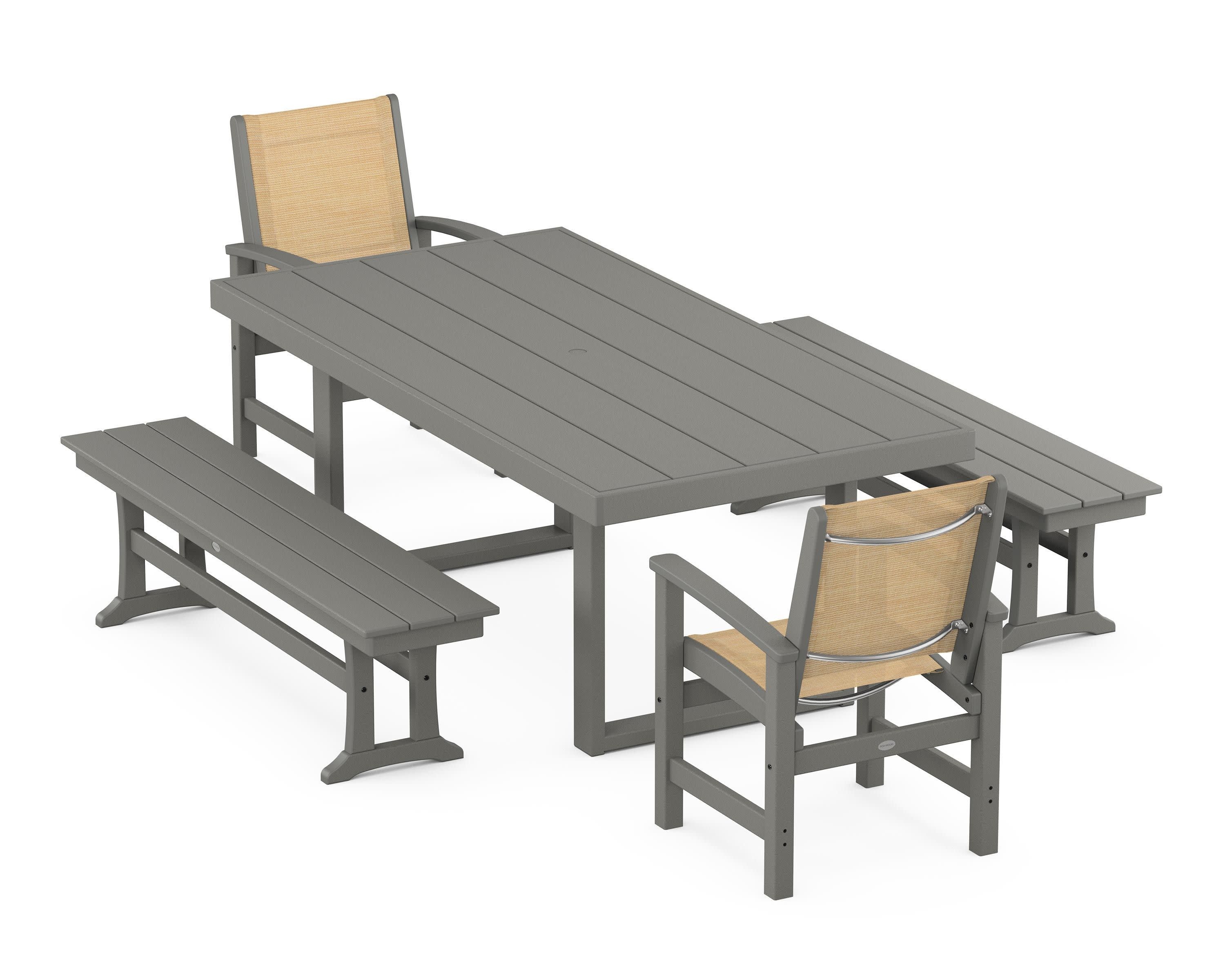 Coastal 5-Piece Dining Set with Trestle Legs in Slate Grey / Dupioni Apricot Sling
