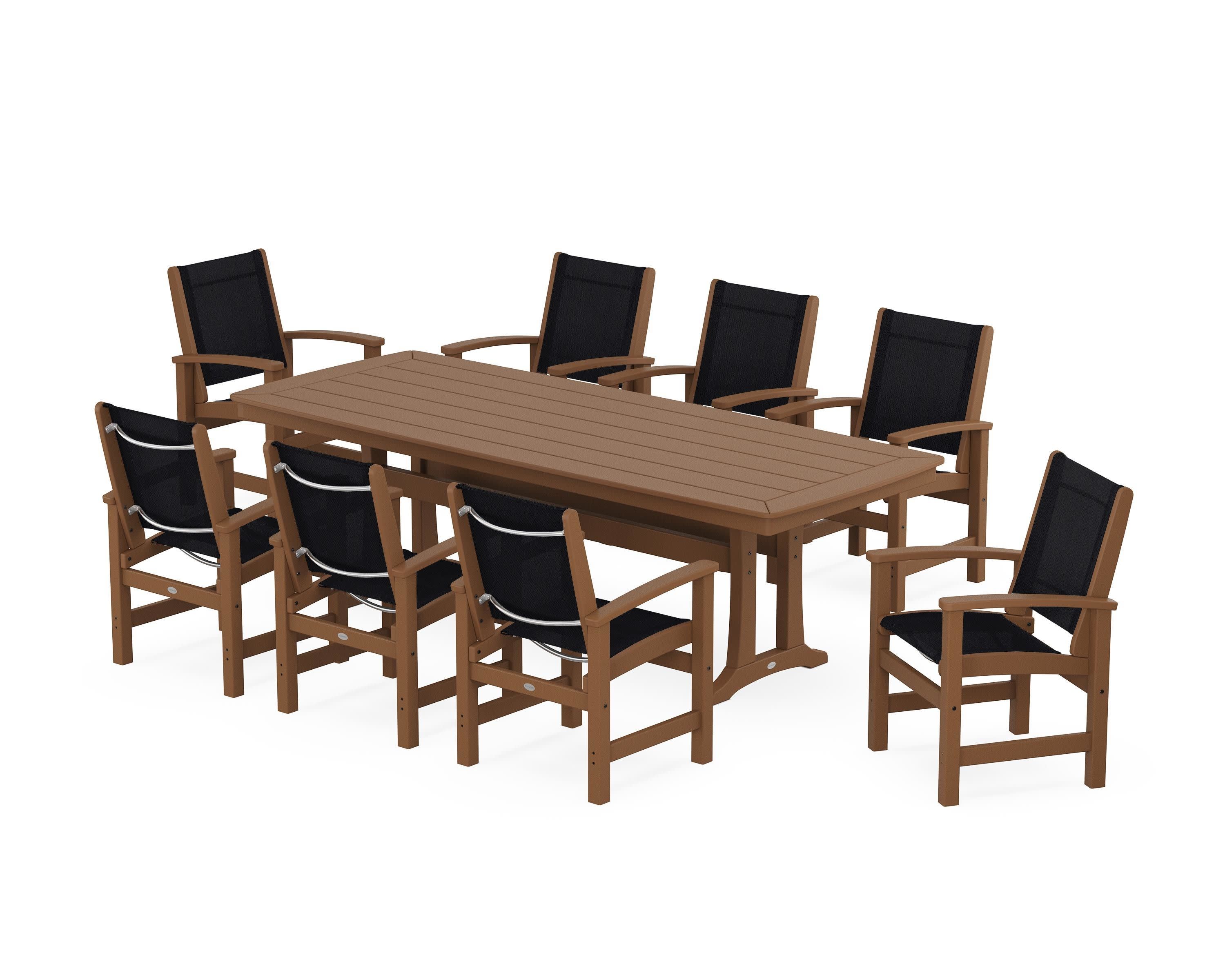 Coastal 9-Piece Dining Set with Trestle Legs in Teak / Black Sling