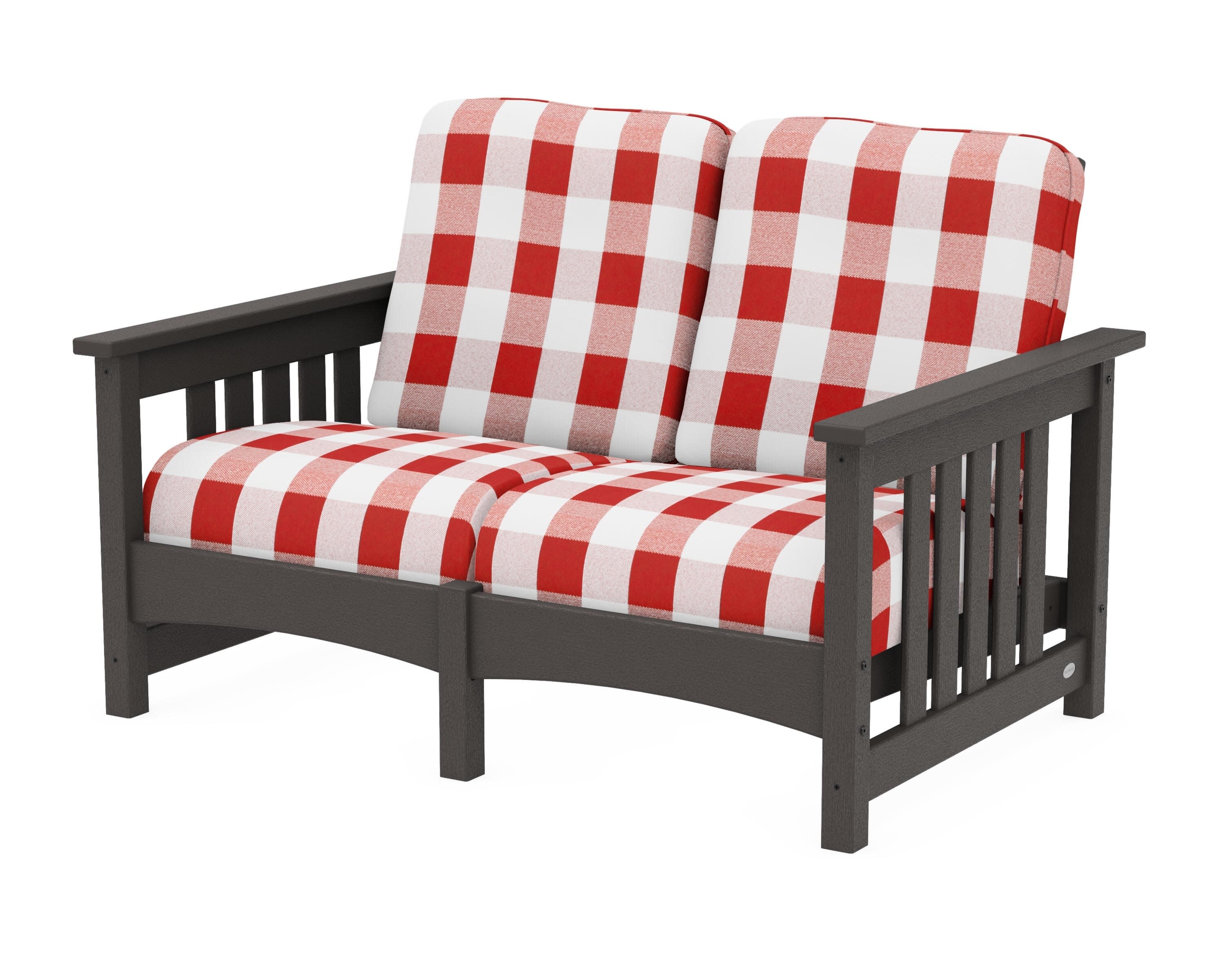 Club Mission Loveseat in Vintage Coffee / Buffalo Plaid Crimson