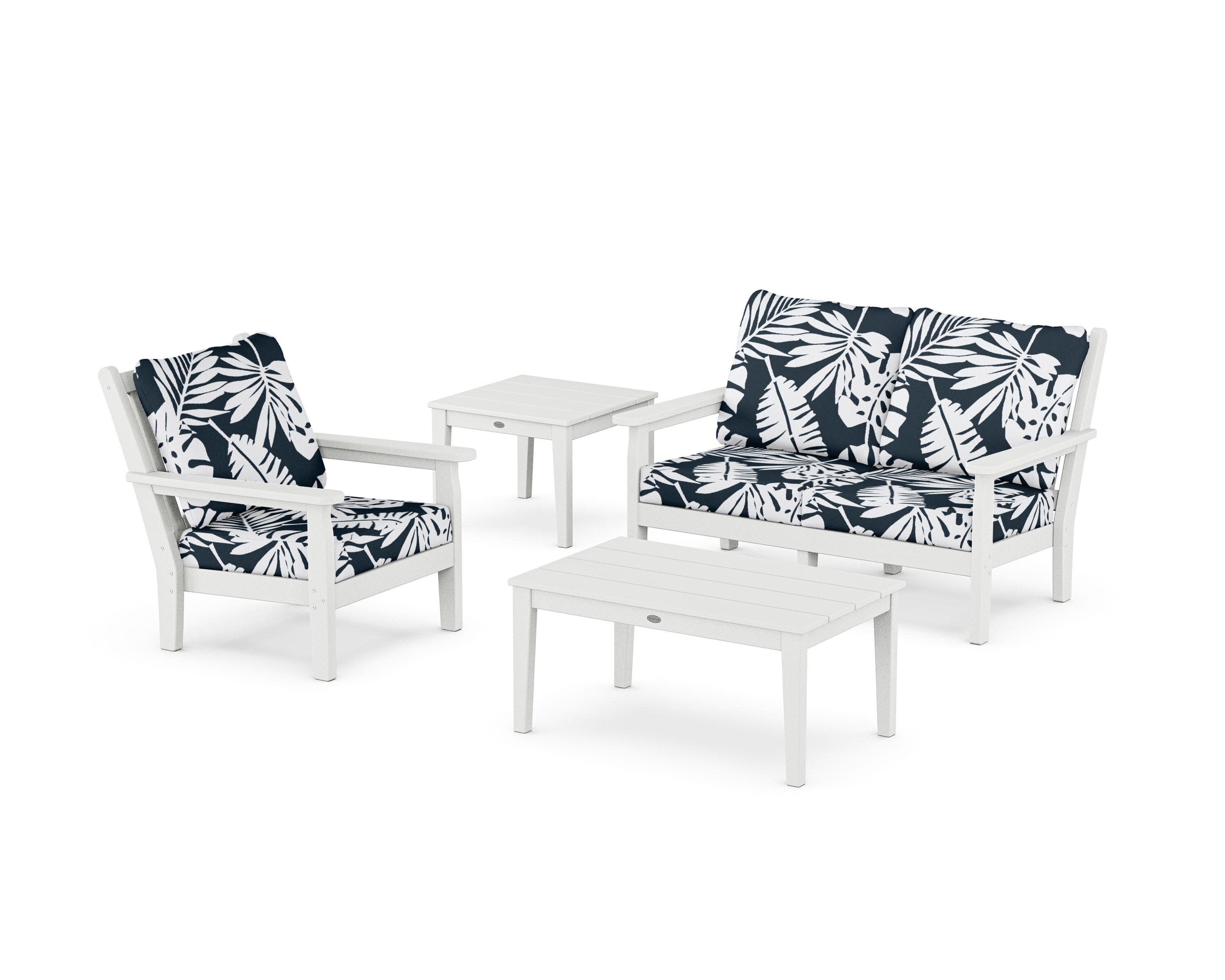 Chippendale 4-Piece Deep Seating Set in White / Leaf Marine Indigo