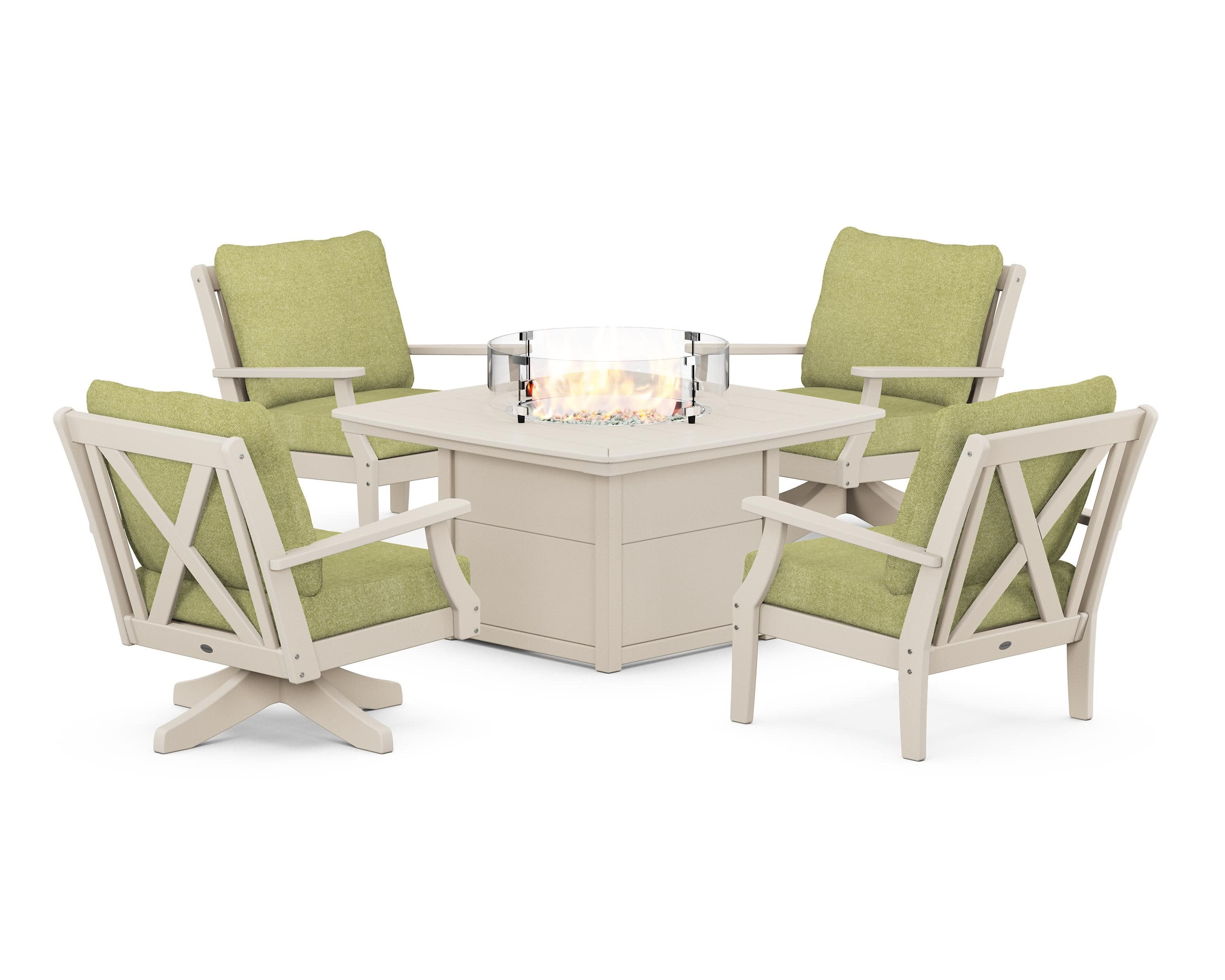 Braxton 5-Piece Deep Seating Set with Fire Table in Sand / Chartreuse Boucle