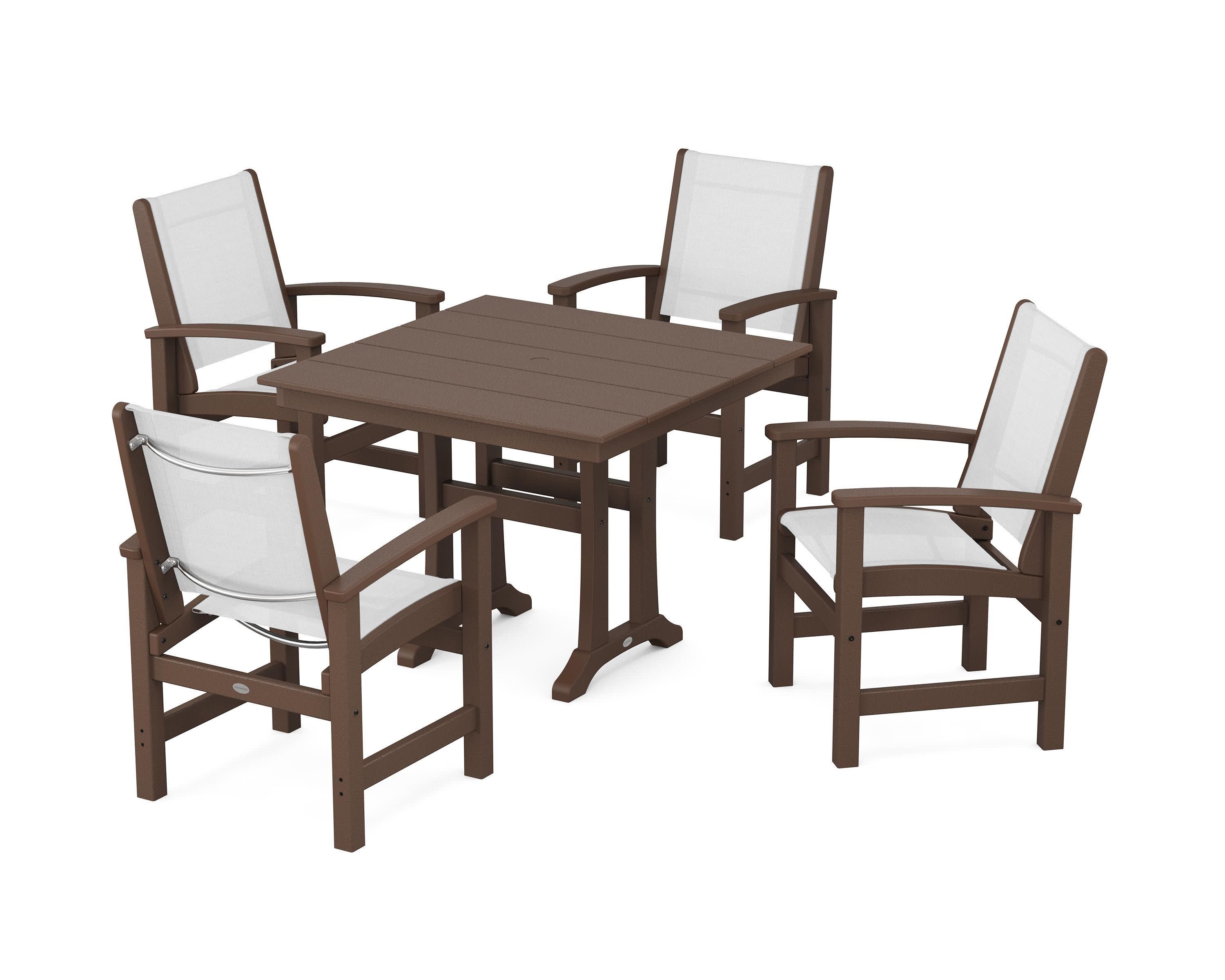 Coastal 5-Piece Farmhouse Dining Set With Trestle Legs in Mahogany / White Sling