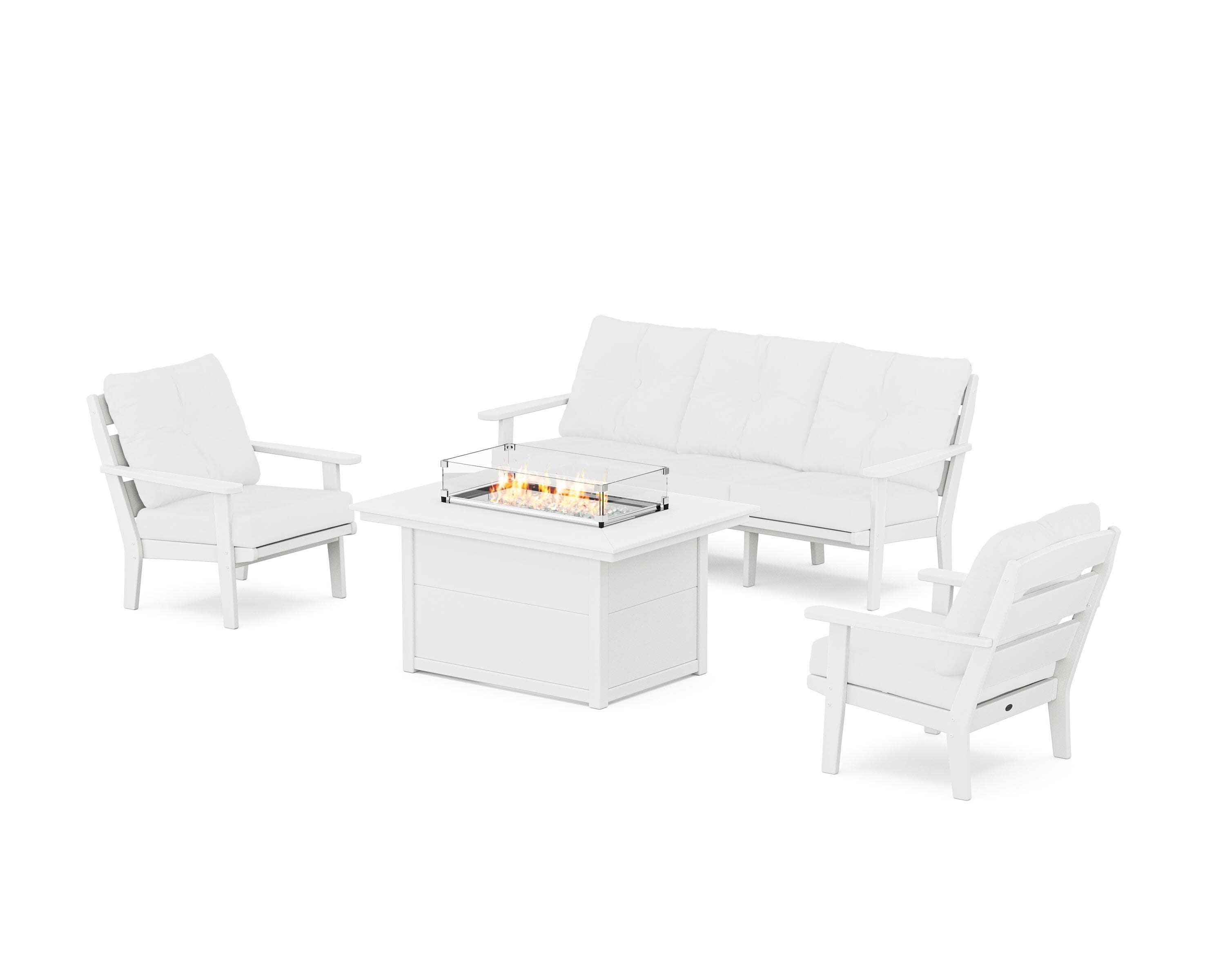 Lakeside Deep Seating Fire Pit Table Set in White / Natural