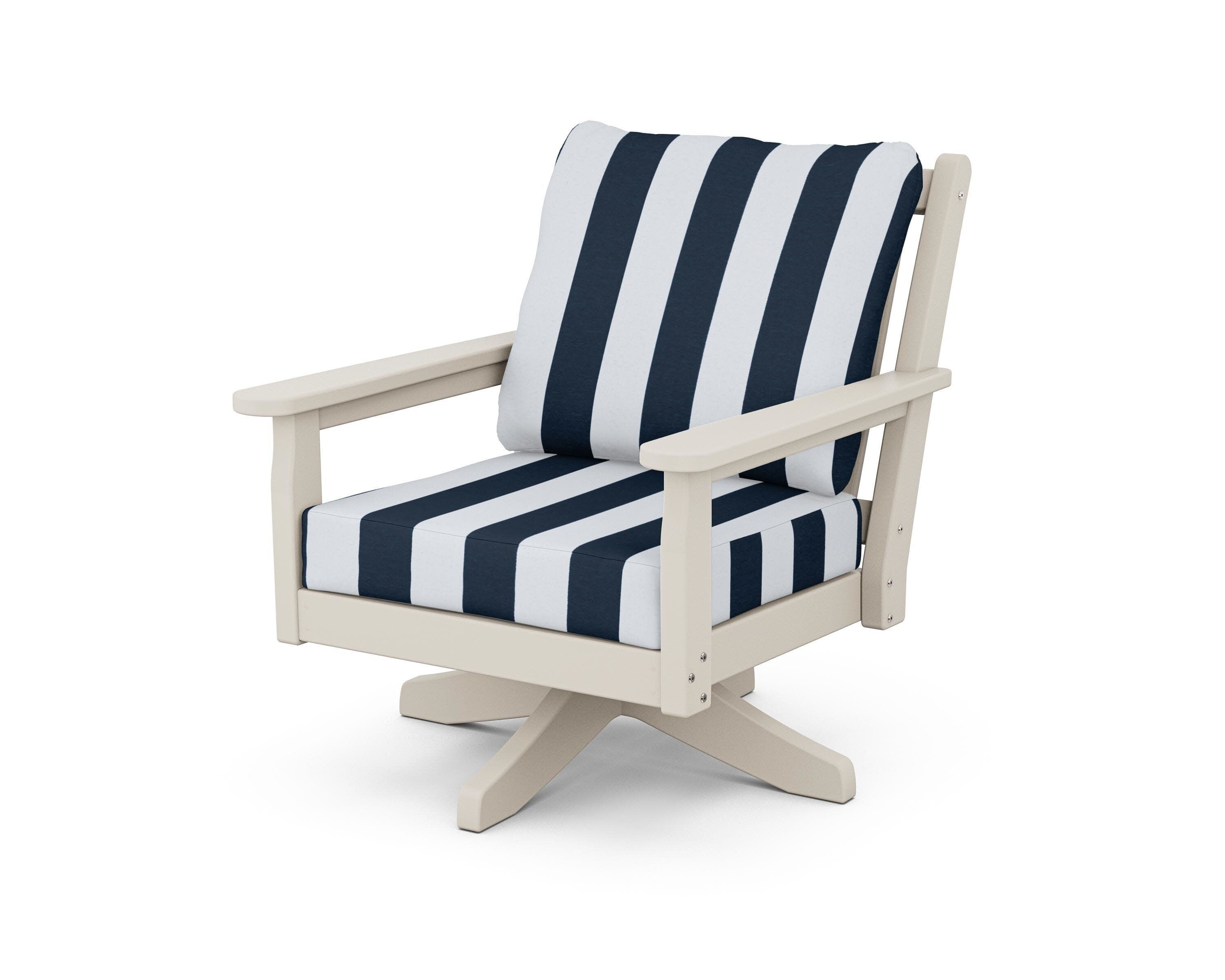 Chippendale Deep Seating Swivel Chair in Sand / Cabana Stripe Marine Indigo