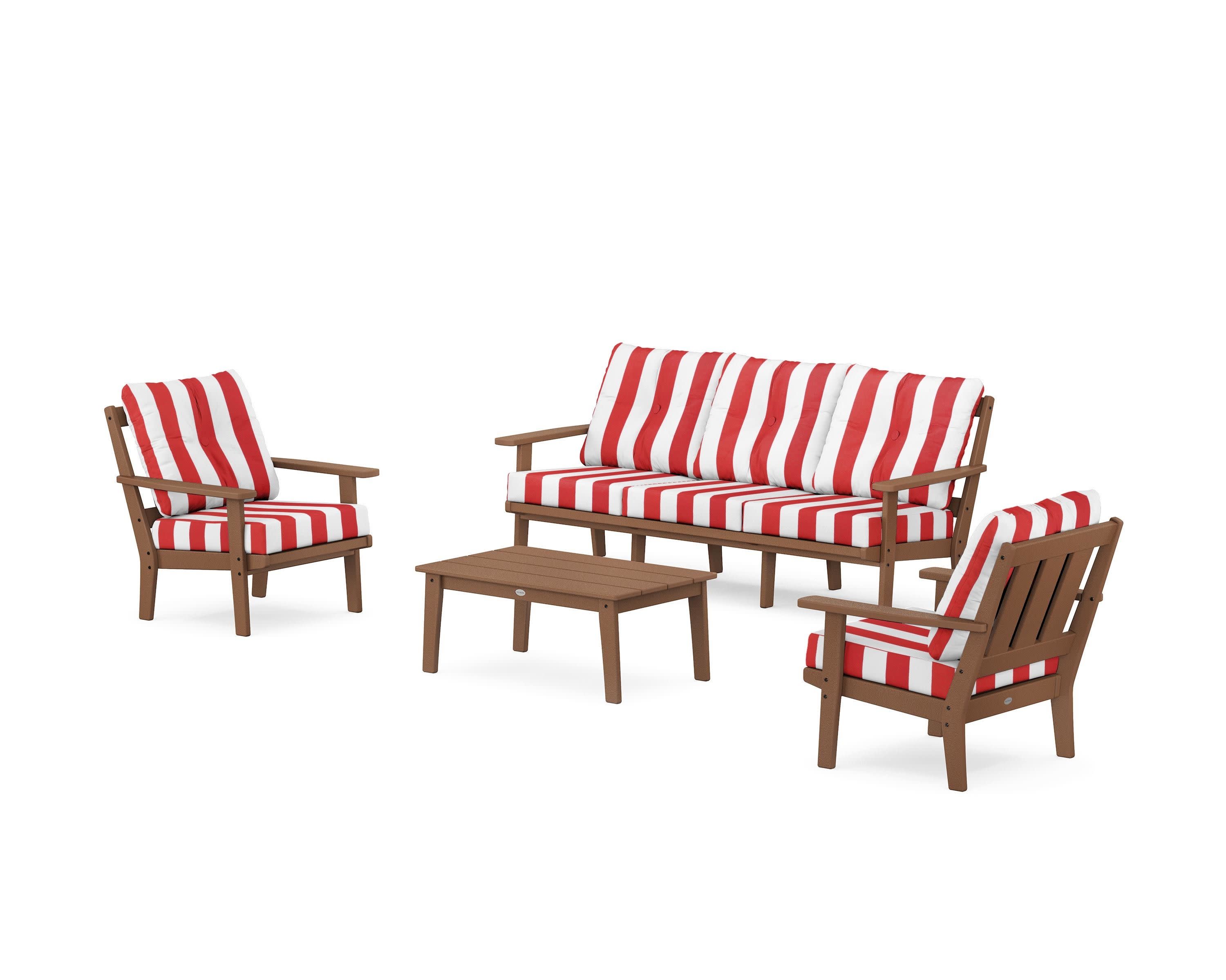 Oxford 4-Piece Deep Seating Set with Sofa in Teak / Cabana Stripe Crimson
