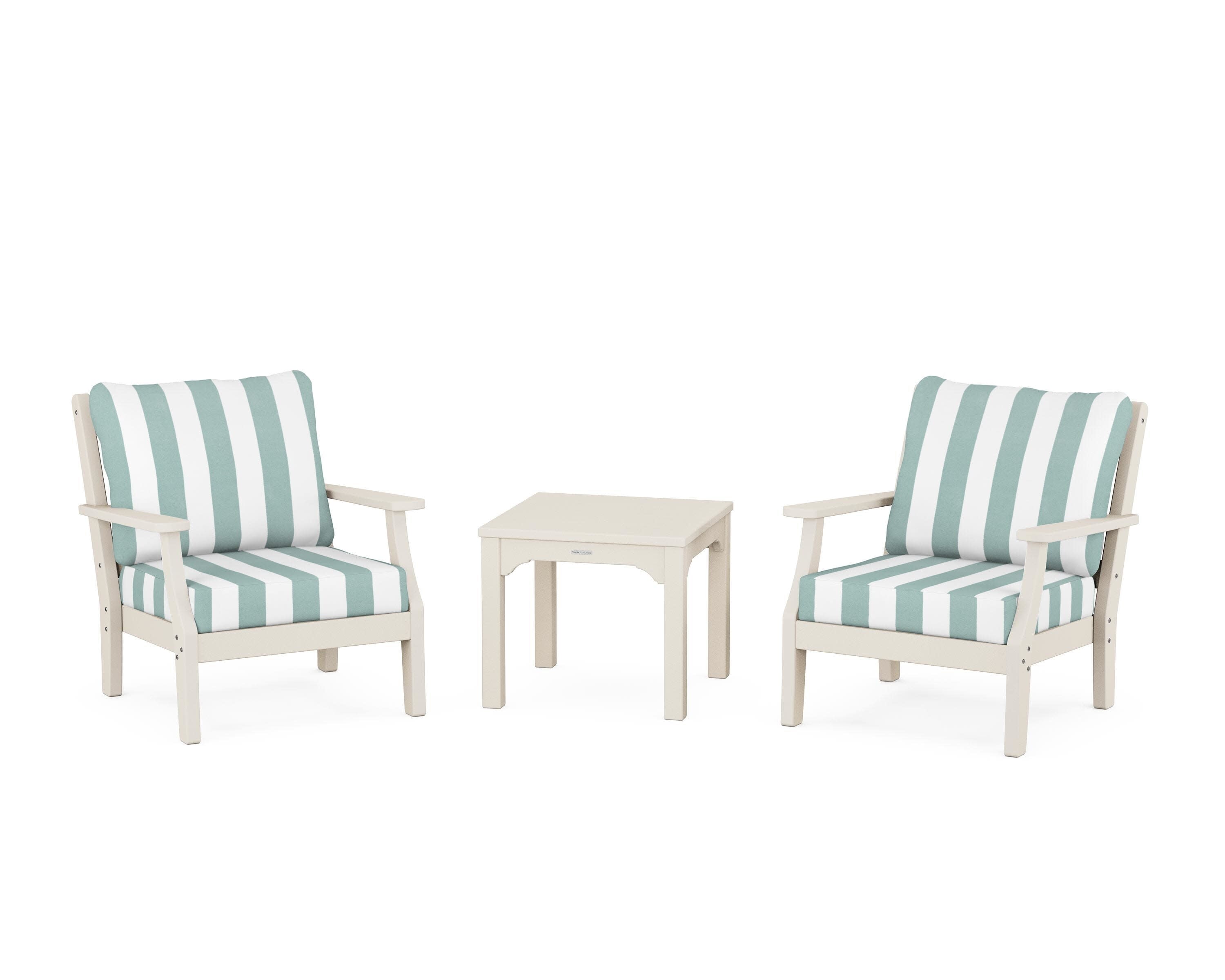 Chinoiserie 3-Piece Deep Seating Set in Sand / Cabana Stripe Glacier Spa
