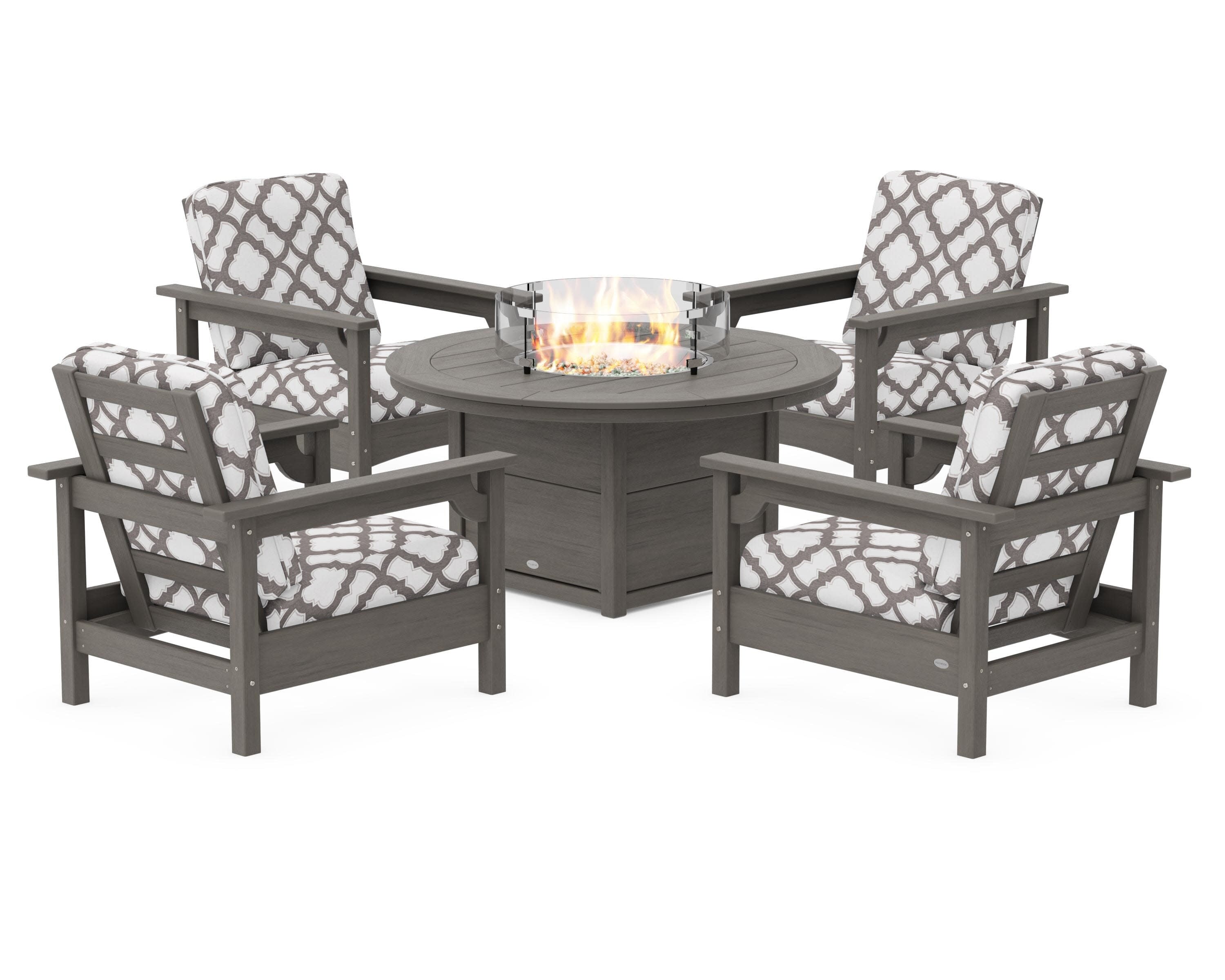 Club 5-Piece Conversation Set with Fire Pit Table in Driftwood / Trellis Grey Mist