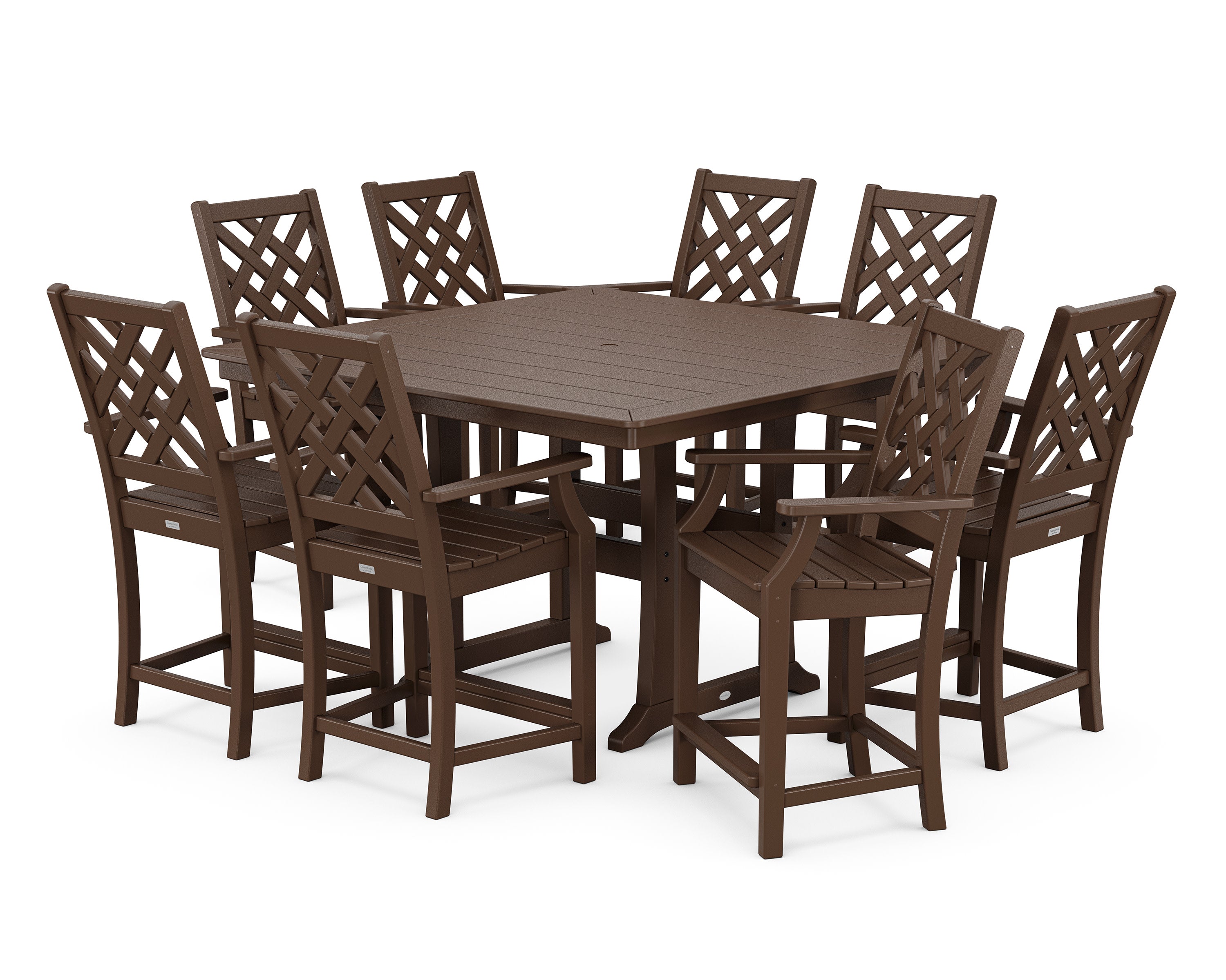 Wovendale 9-Piece Square Counter Set with Trestle Legs in Mahogany