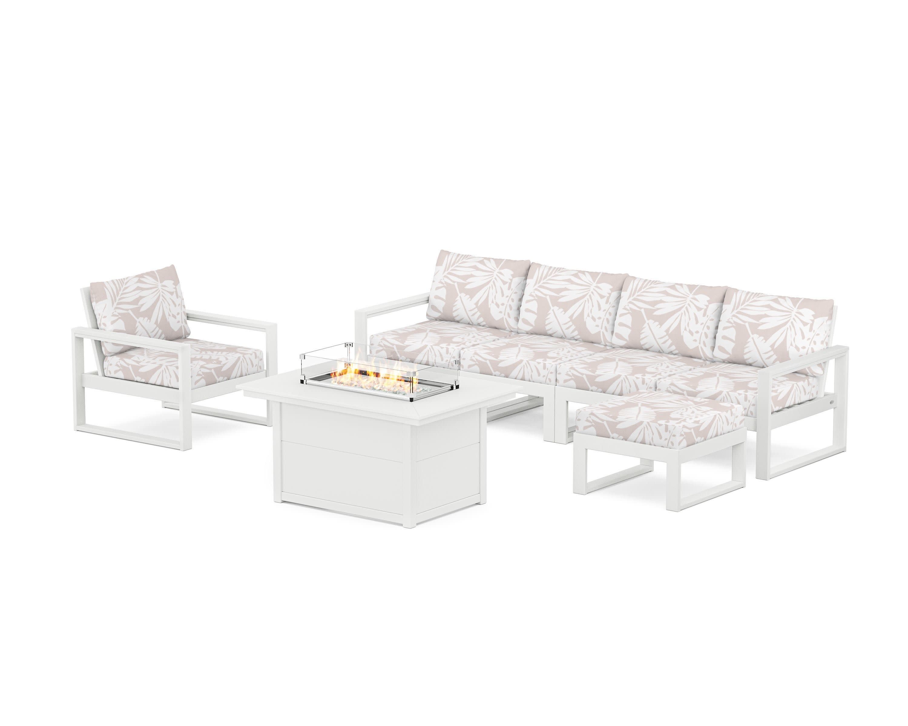 EDGE Sectional Lounge and Fire Pit Set in White / Leaf Dune Burlap