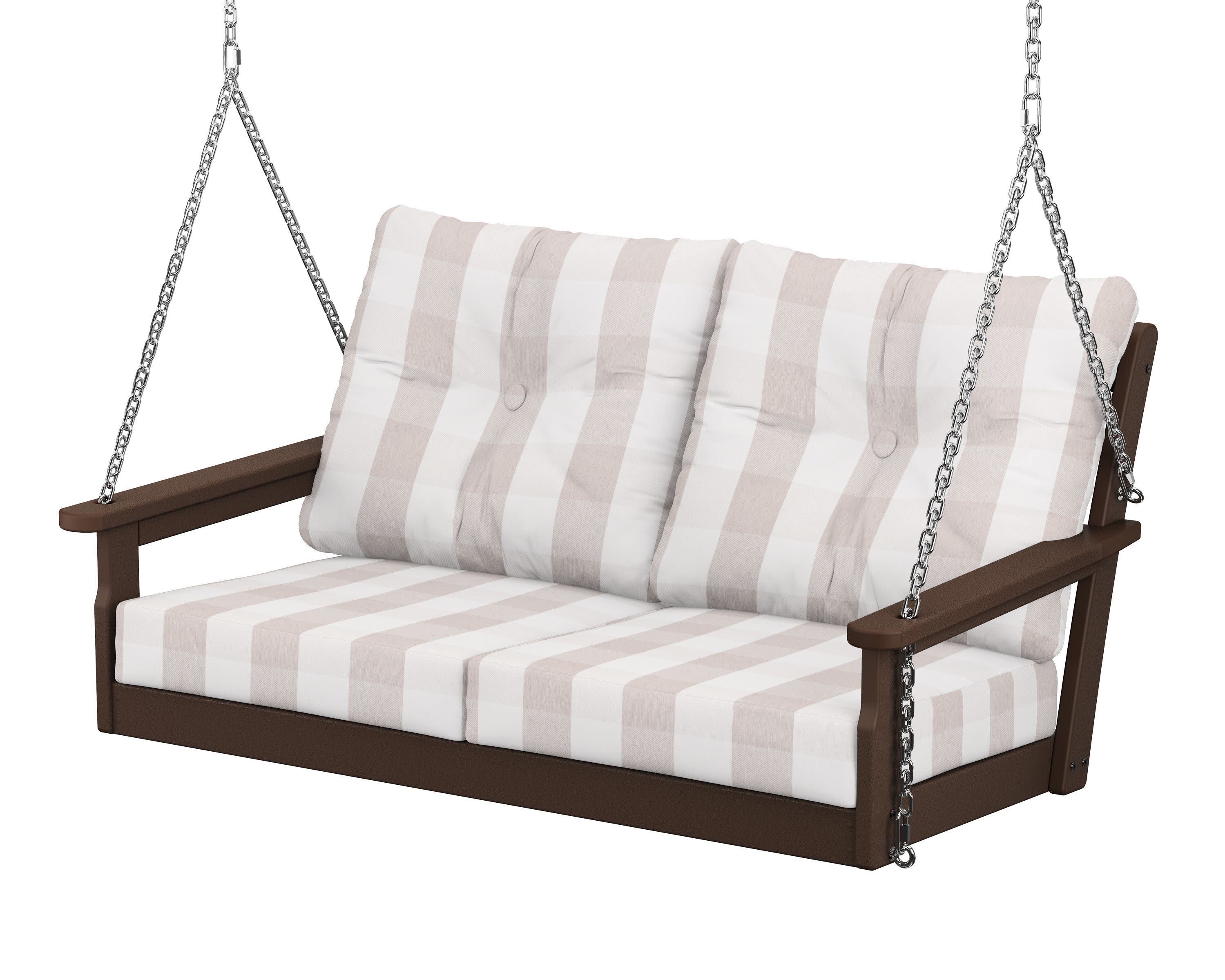 Vineyard Deep Seating Swing in Mahogany / Buffalo Plaid Dune Burlap