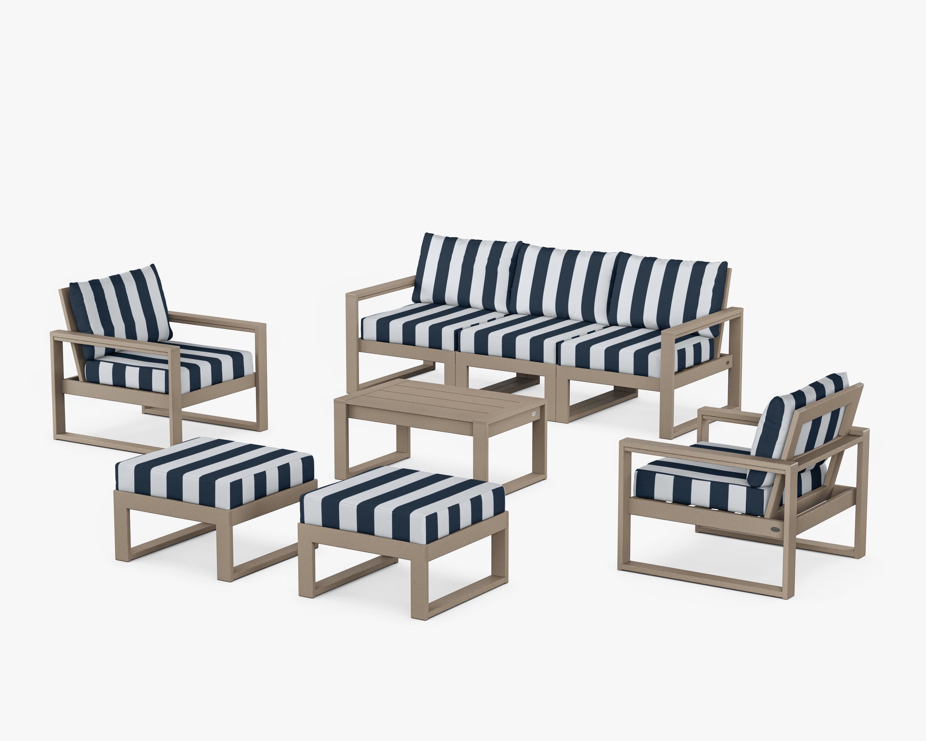 EDGE Sectional 8-Piece Lounge Sofa Set in Vintage Sahara / Cabana Stripe Marine Indigo