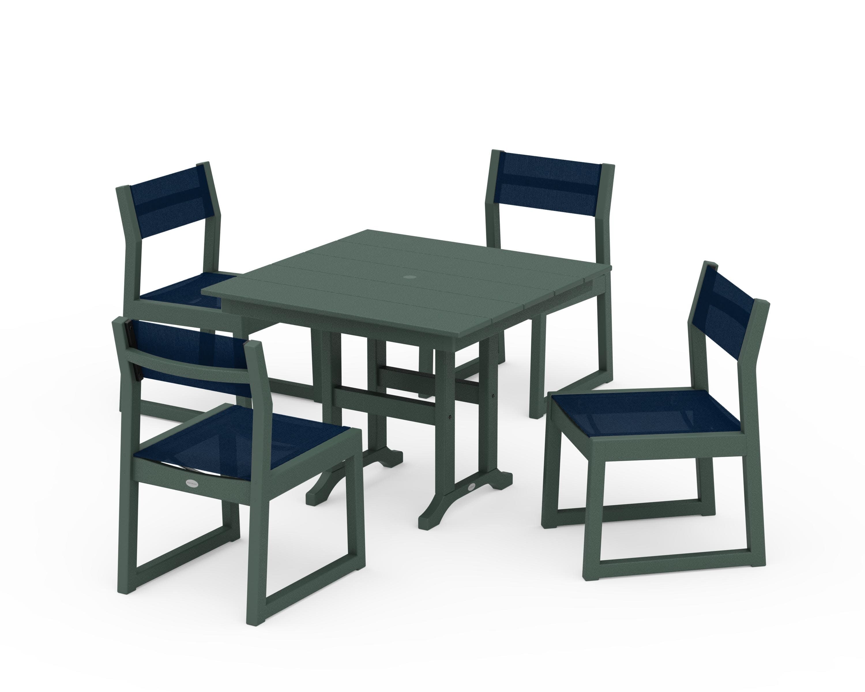 EDGE Sling Side Chair 5-Piece Farmhouse Dining Set in Green / Navy Blue Sling