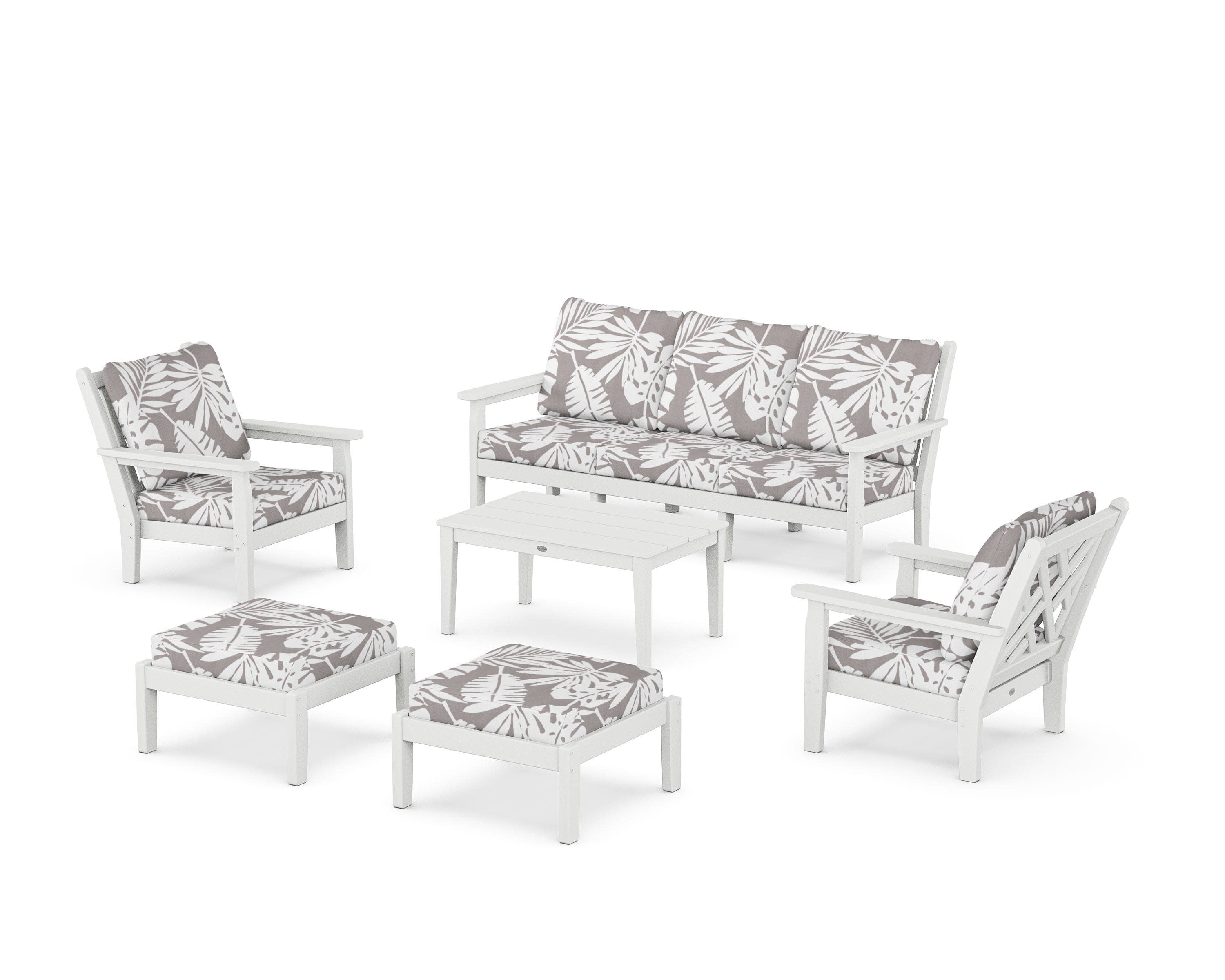 Chippendale 6-Piece Lounge Sofa Set in White / Leaf Grey Mist