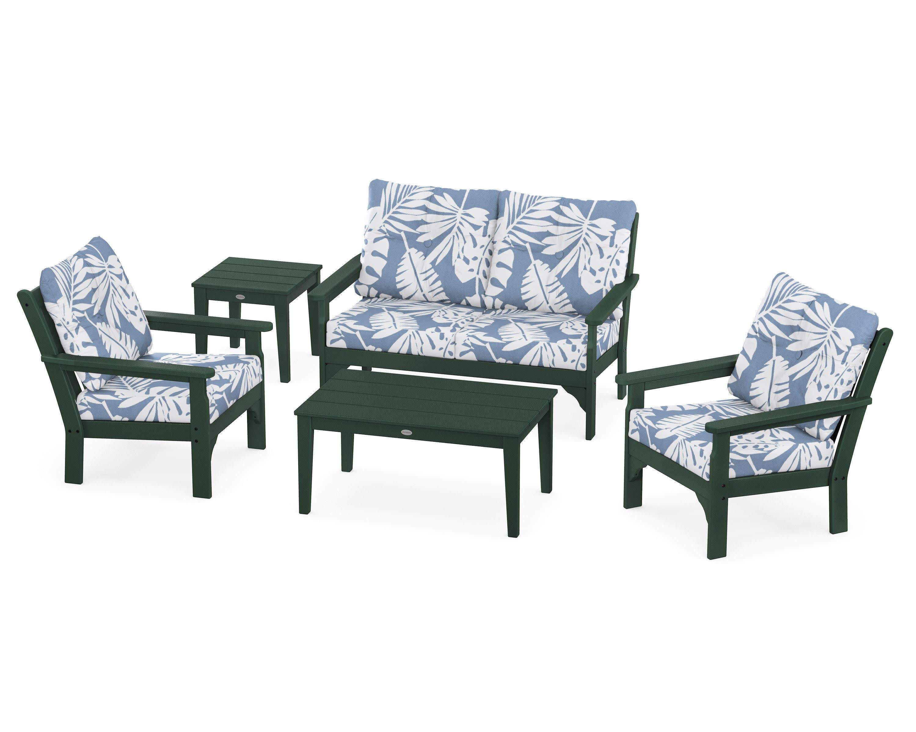 Vineyard 5-Piece Deep Seating Set in Green / Leaf Sky Blue