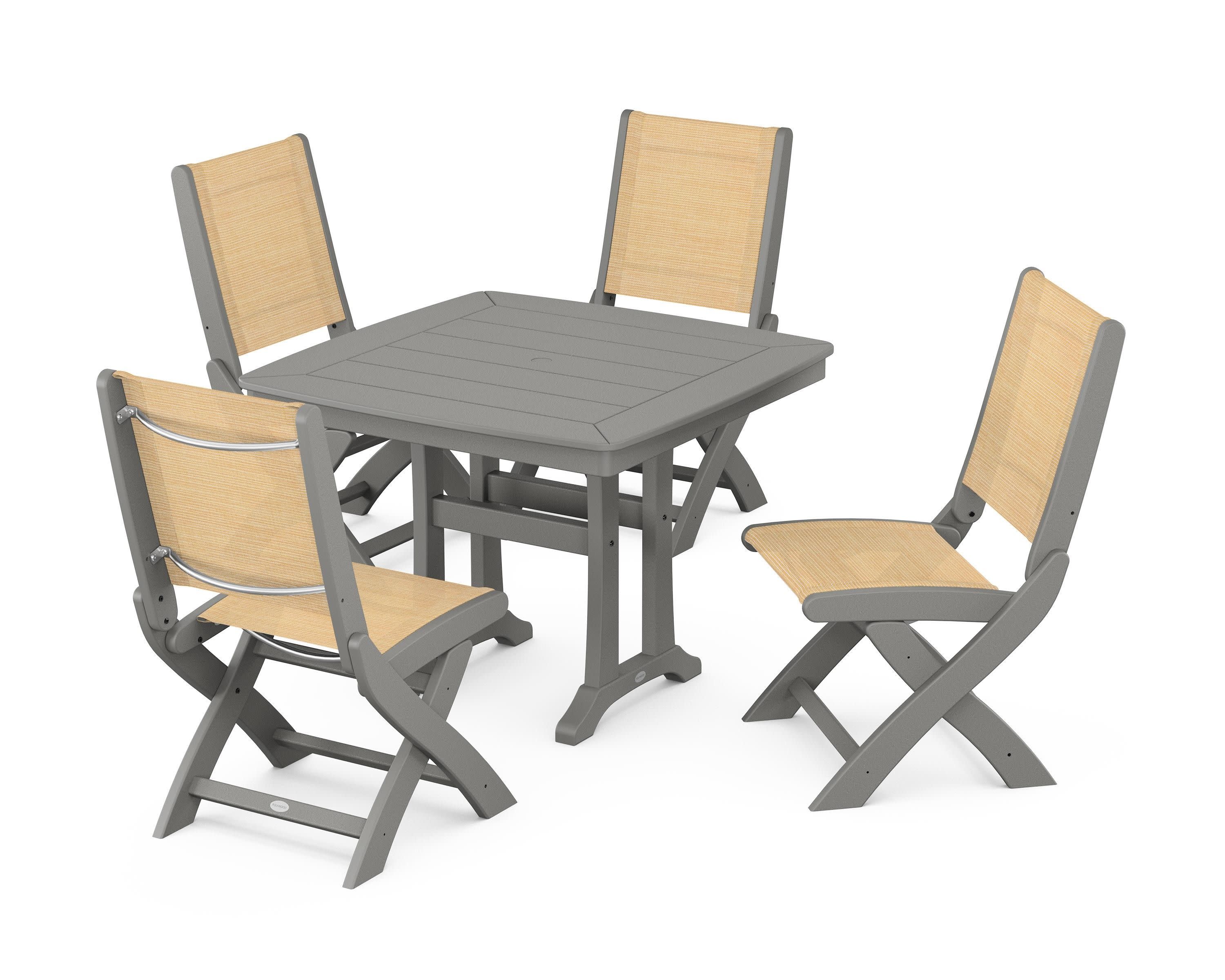 Coastal Folding Side Chair 5-Piece Dining Set with Trestle Legs in Slate Grey / Dupioni Apricot Sling