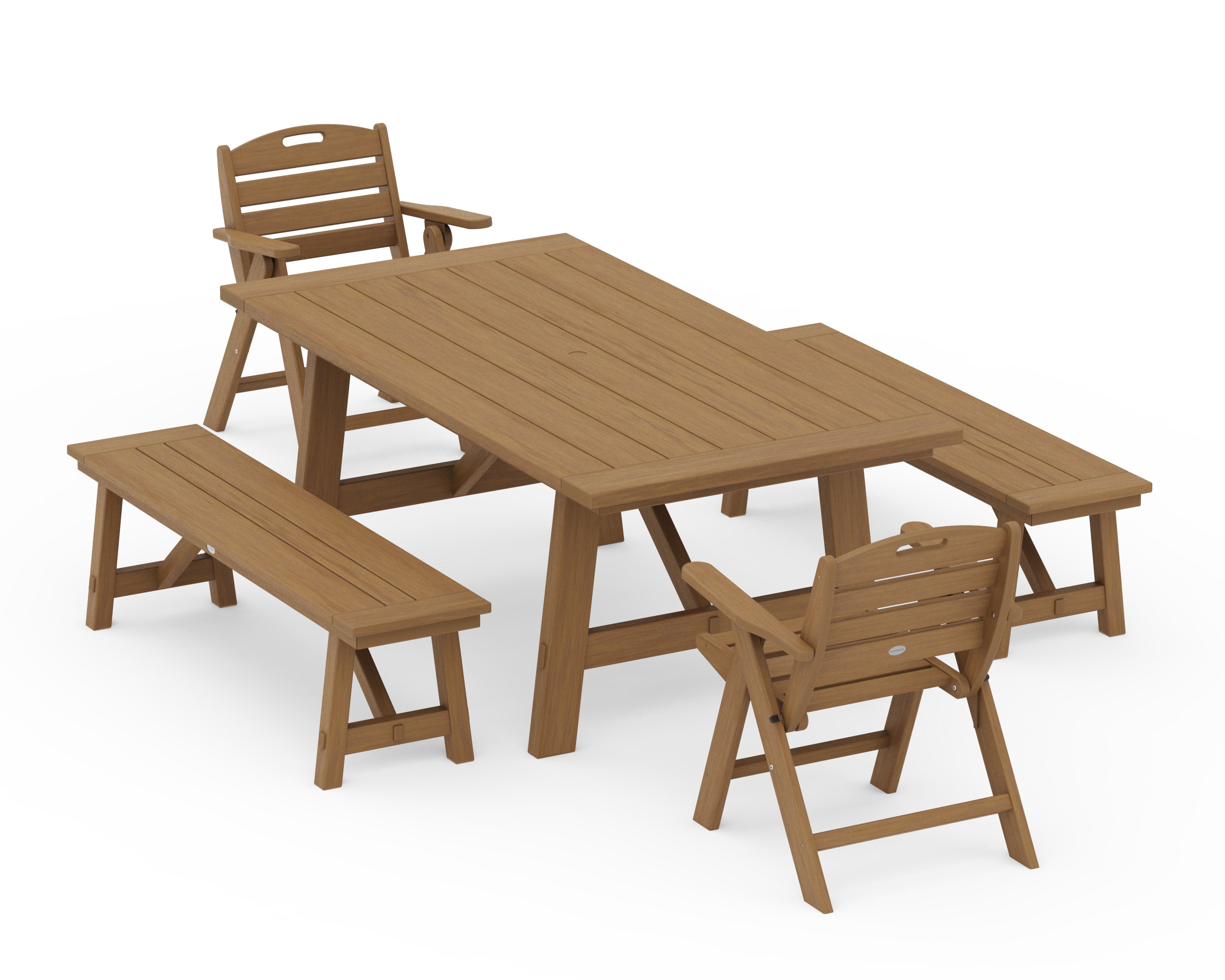 Nautical Folding Lowback Chair 5-Piece Rustic Farmhouse Dining Set With Benches in Natural
