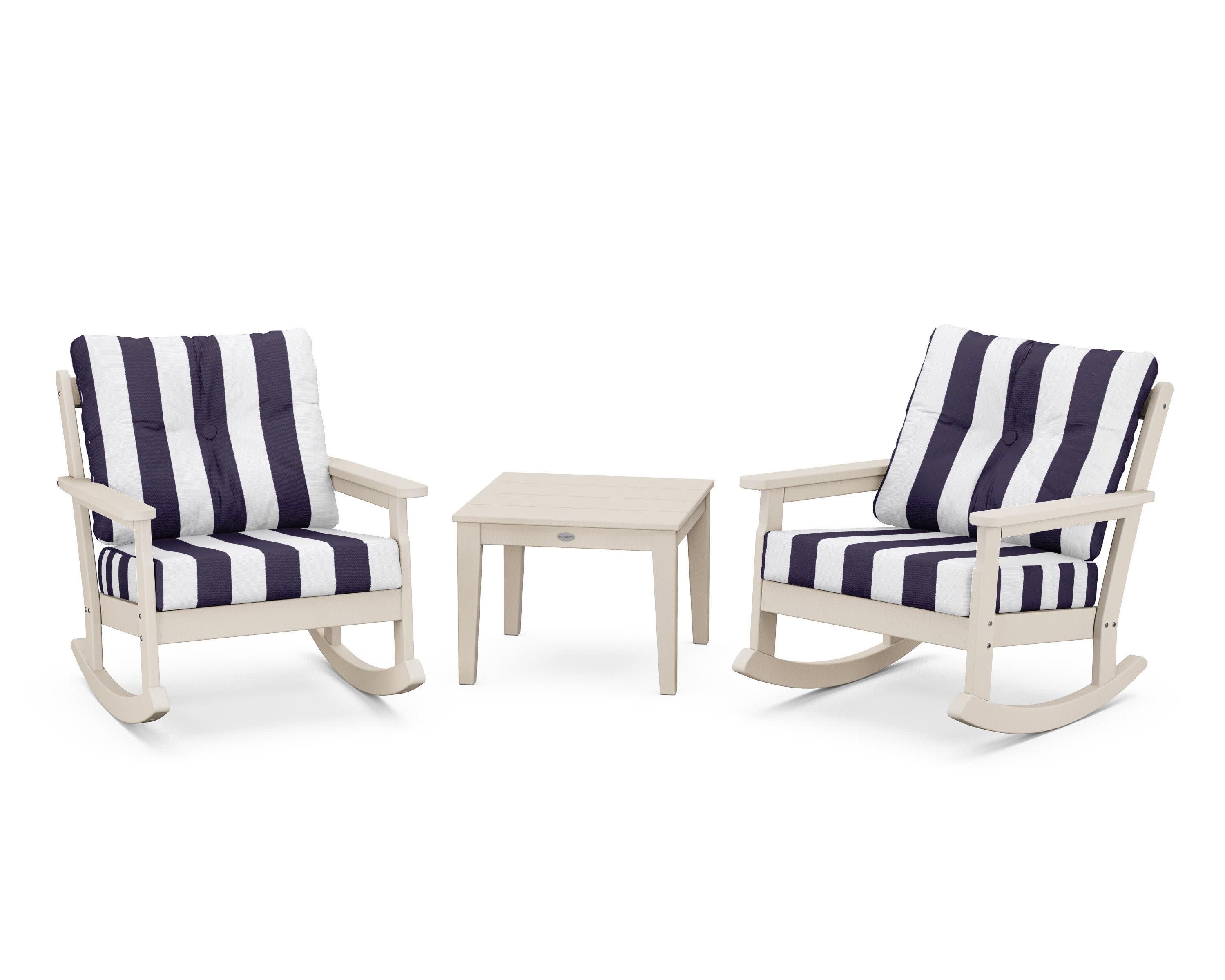 Vineyard 3-Piece Deep Seating Rocker Set in Sand / Cabana Stripe Navy