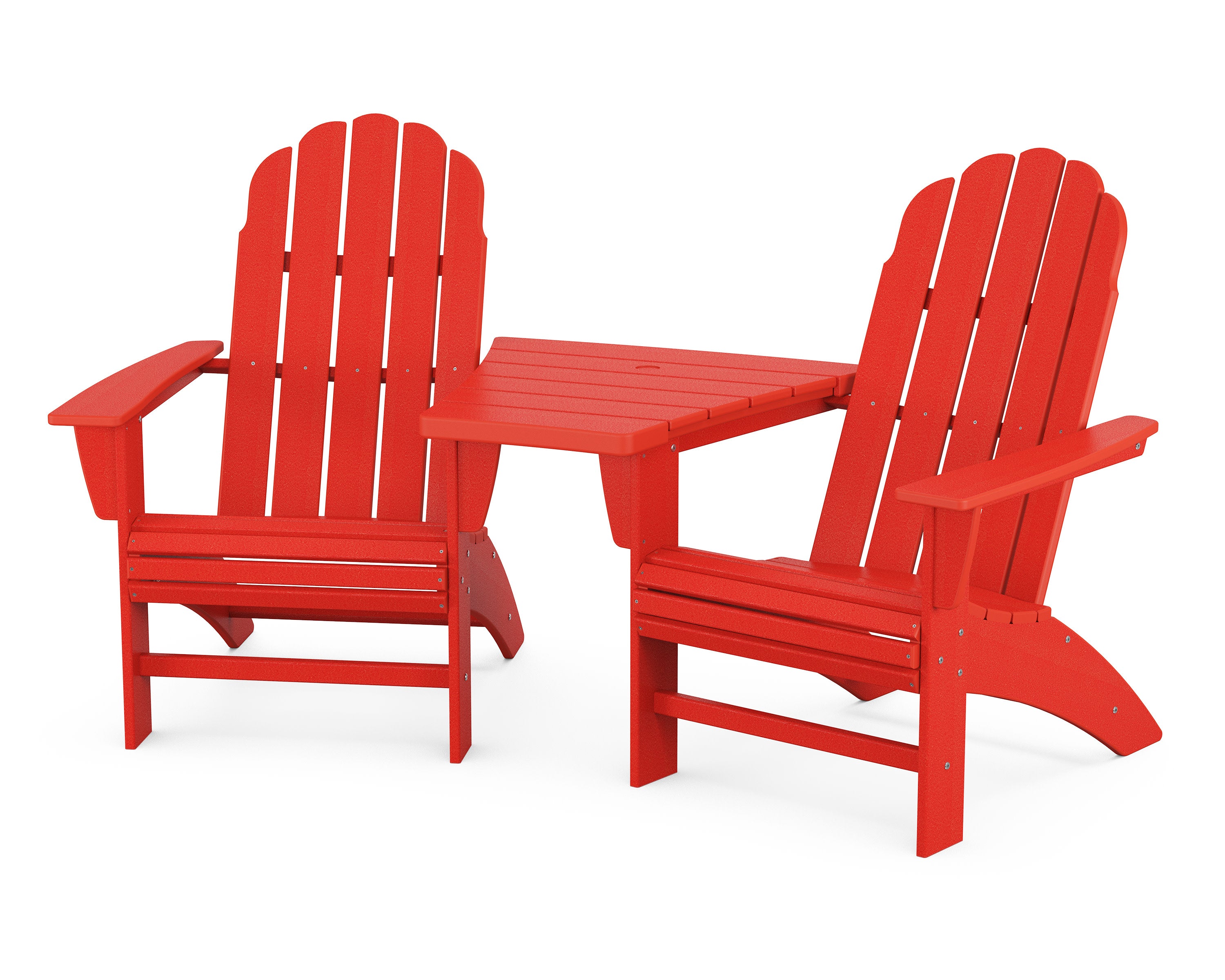 Vineyard 3-Piece Curveback Adirondack Set with Angled Connecting Table in Sunset Red