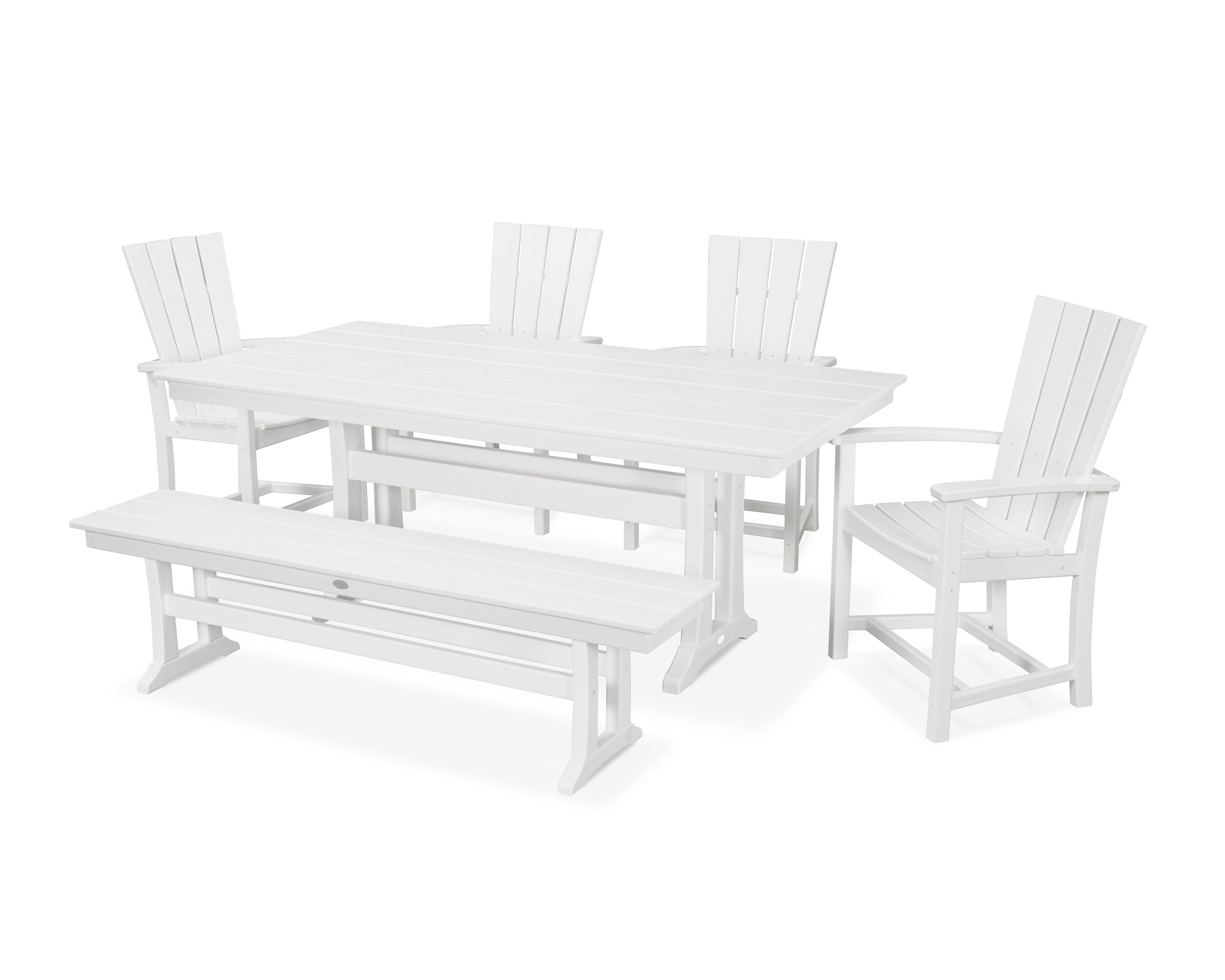 Quattro 6-Piece Farmhouse Dining Set with Trestle Legs and Bench in White