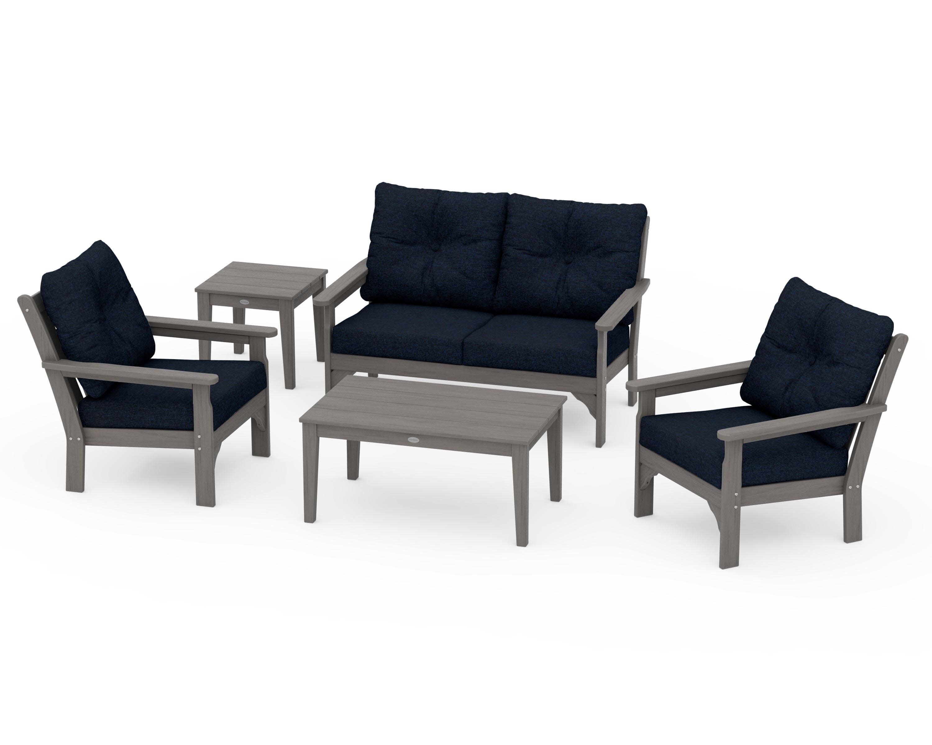 Vineyard 5-Piece Deep Seating Set in Driftwood / Marine Indigo