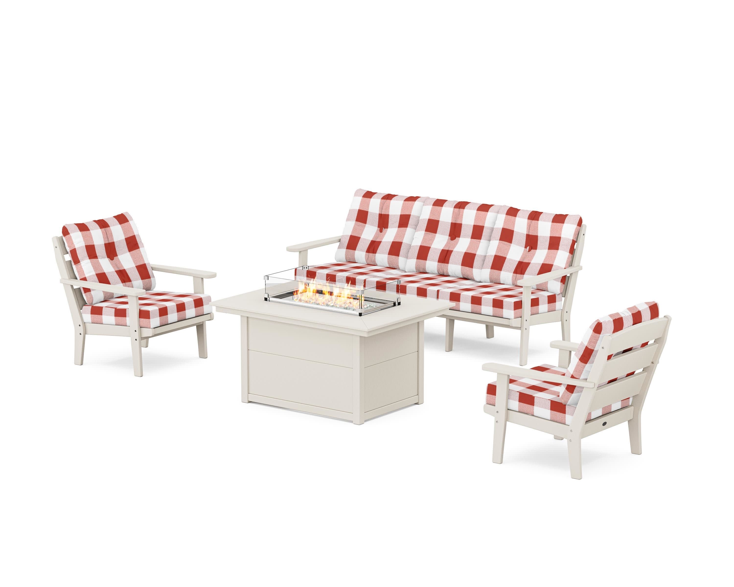 Lakeside Deep Seating Fire Pit Table Set in Sand / Buffalo Plaid Crimson