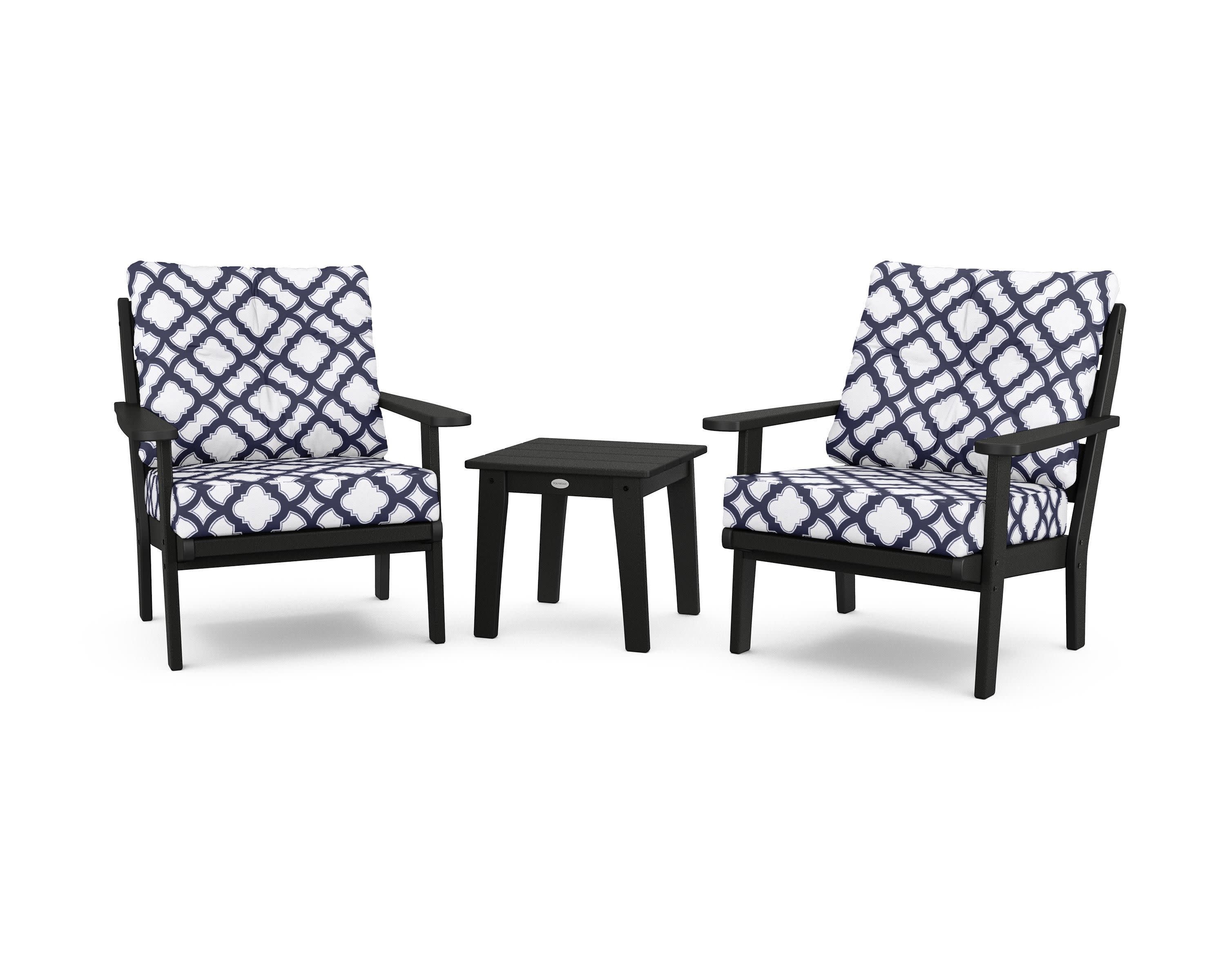 Lakeside 3-Piece Deep Seating Chair Set in Black / Trellis Navy
