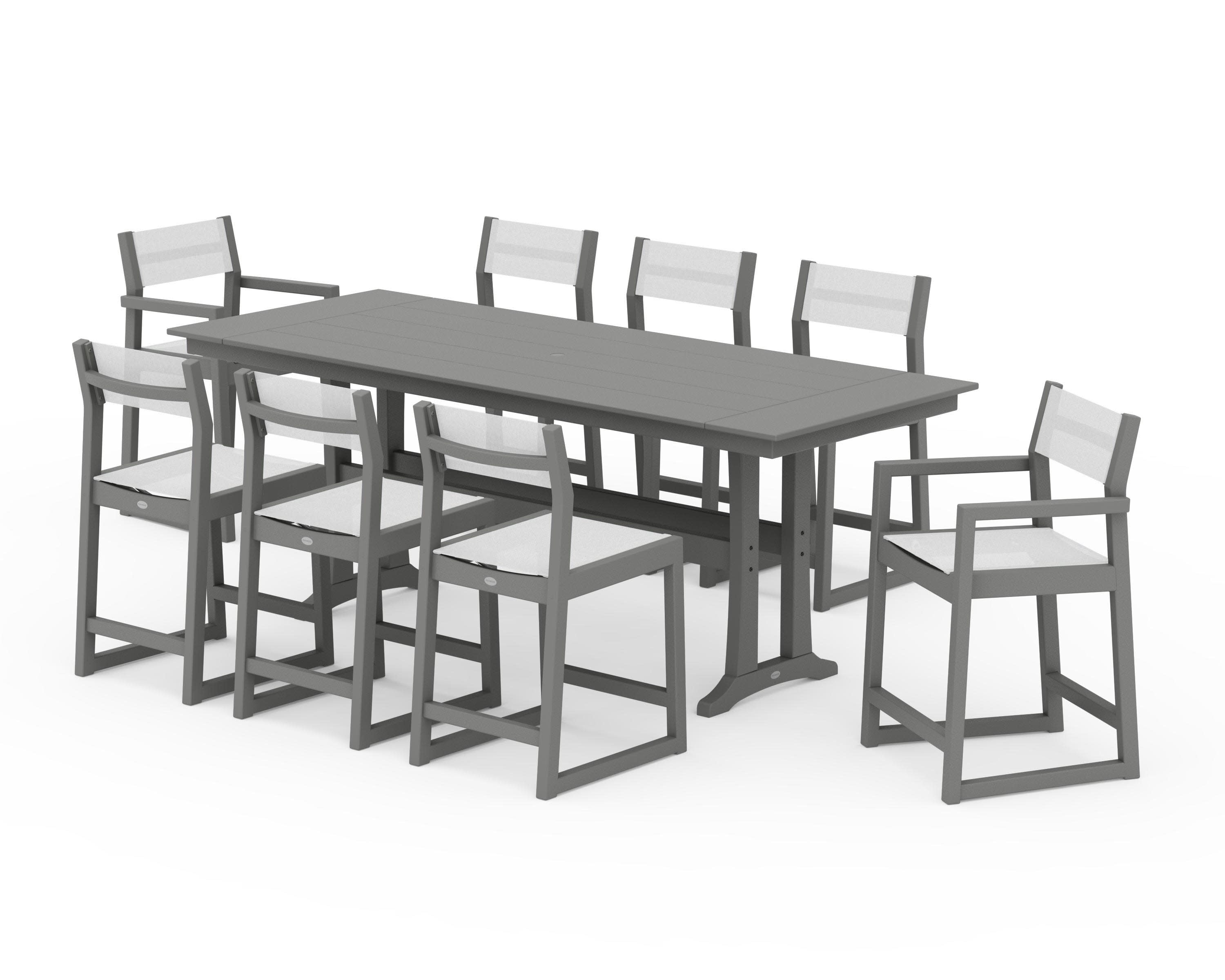 EDGE Sling 9-Piece Farmhouse Counter Set with Trestle Legs in Slate Grey / White Sling
