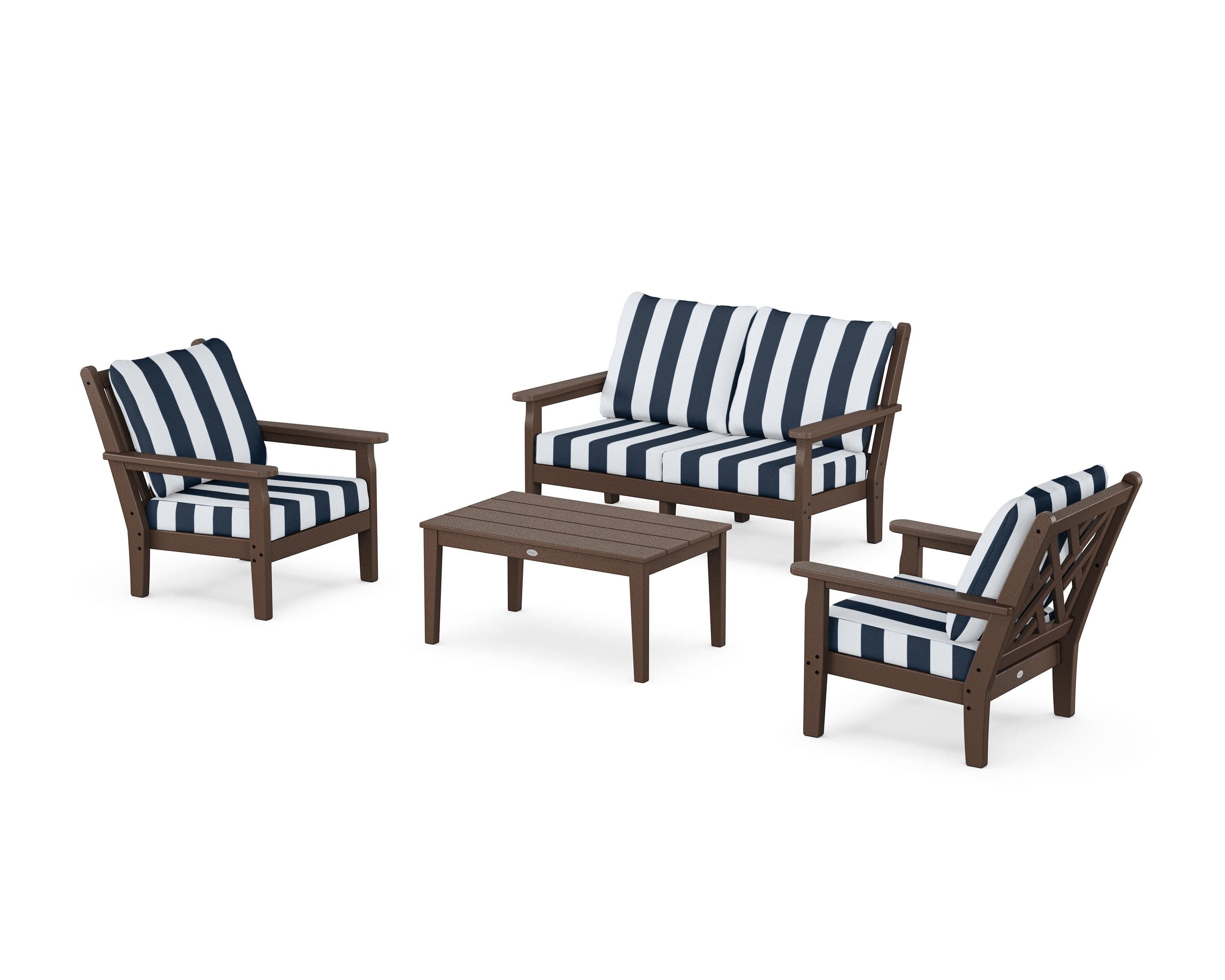 Chippendale 4-Piece Deep Seating Set with Loveseat in Mahogany / Cabana Stripe Marine Indigo