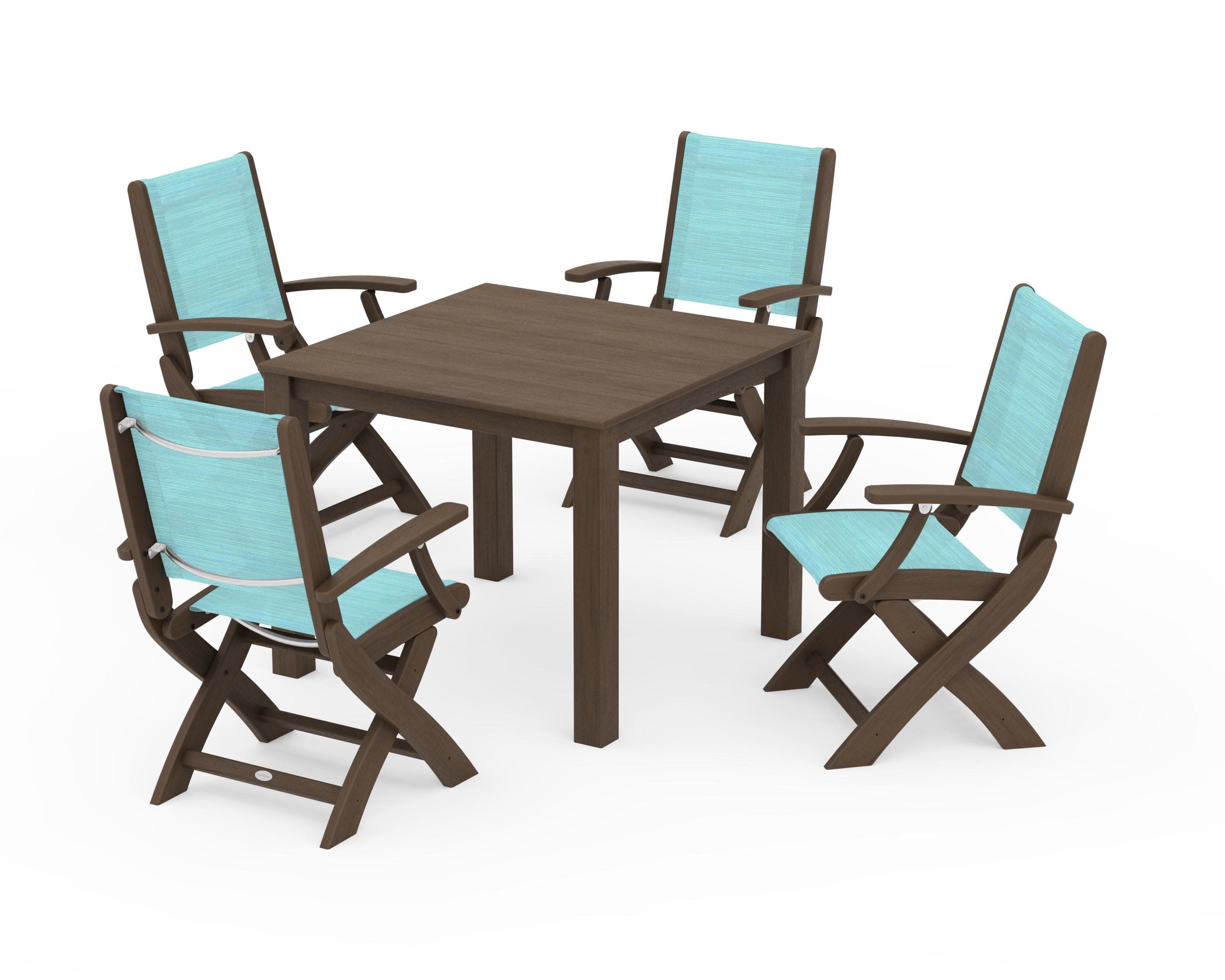 Coastal Folding Chair 5-Piece Parsons Dining Set in Kona / Dupioni Aquamarine Sling