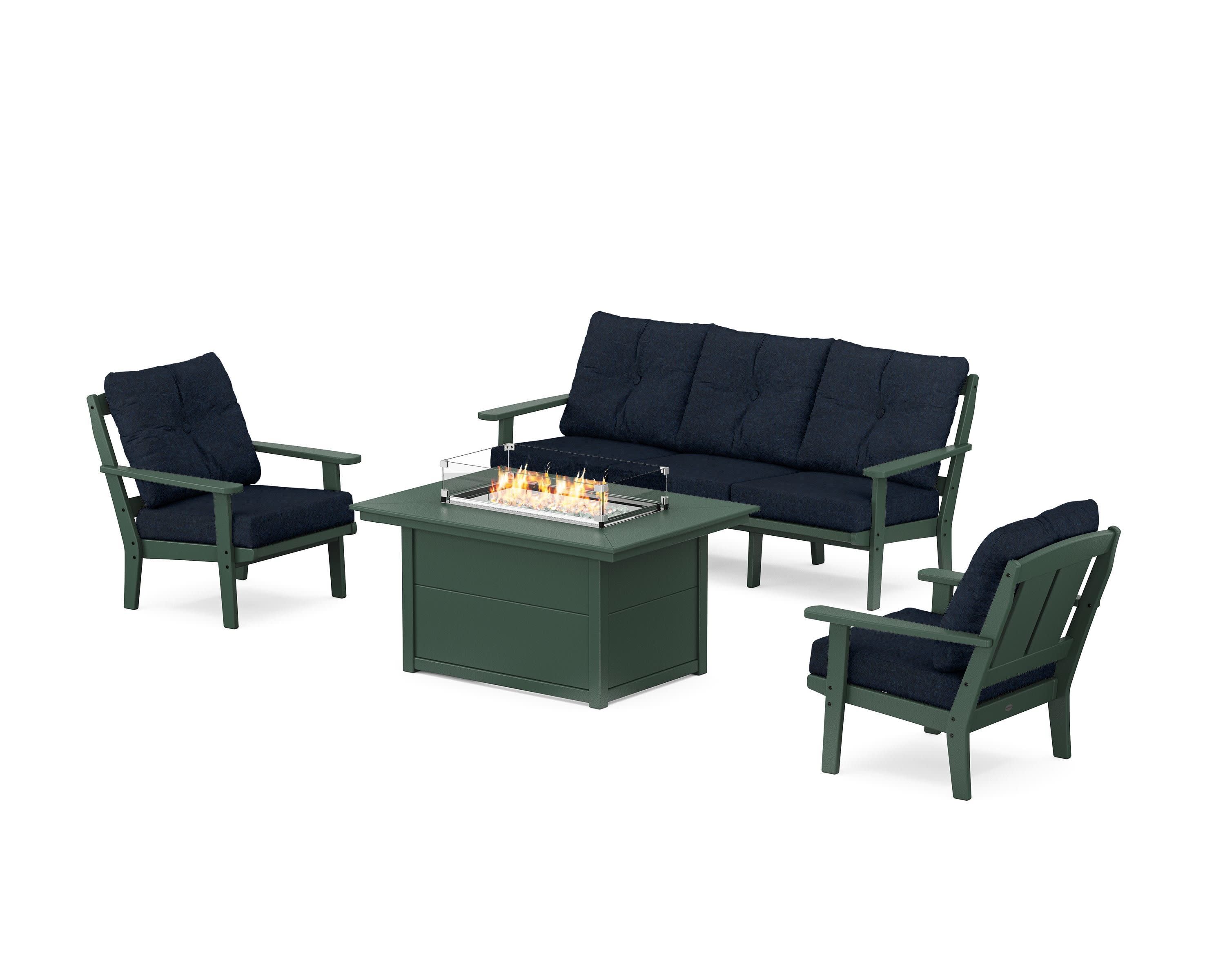 Mission Deep Seating Fire Pit Table Set in Green / Marine Indigo