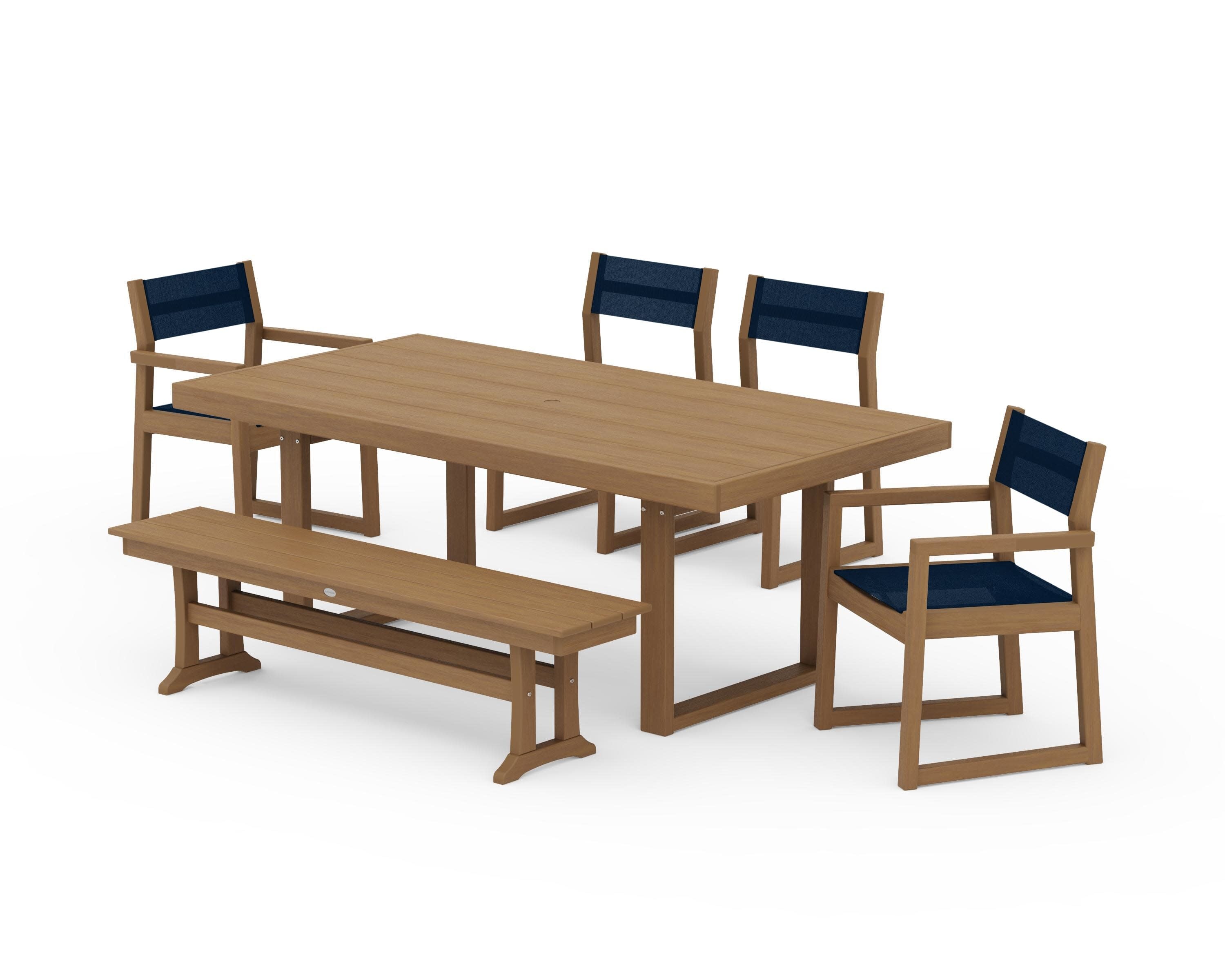 EDGE Sling 6-Piece Dining Set with Bench in Natural / Navy Blue Sling