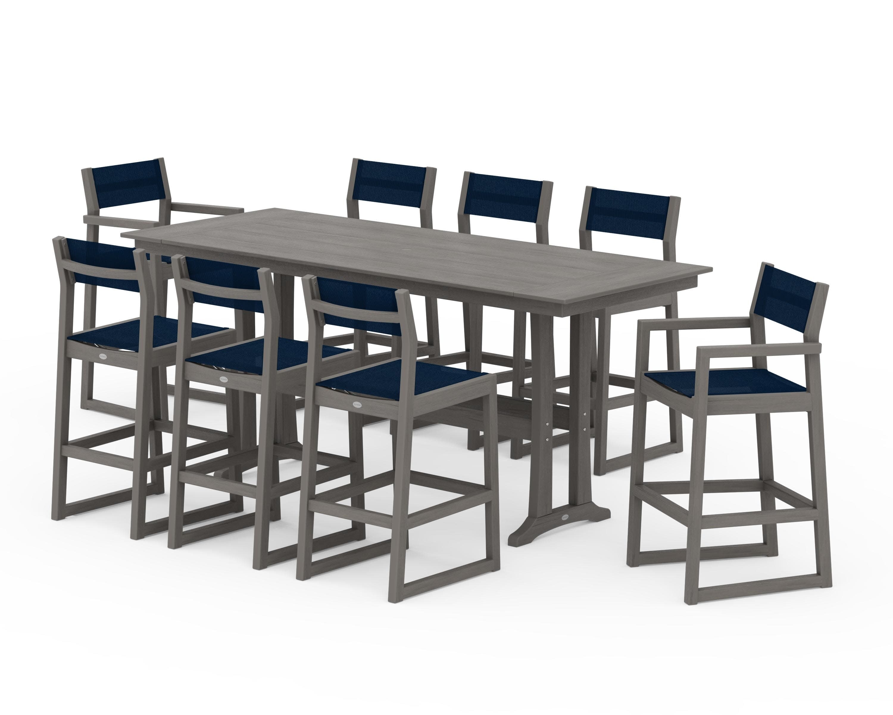 EDGE Sling 9-Piece Farmhouse Bar Set with Trestle Legs in Driftwood / Navy Blue Sling