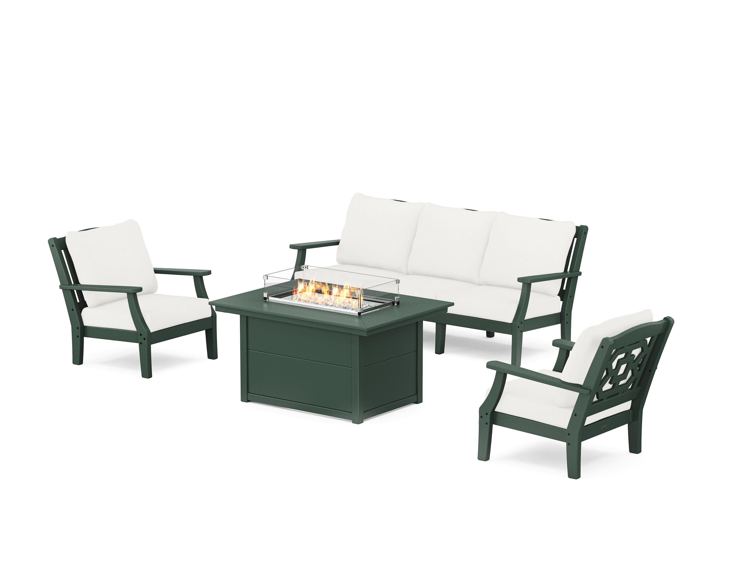 Chinoiserie Deep Seating Fire Pit Table Set in Green / Natural Linen
