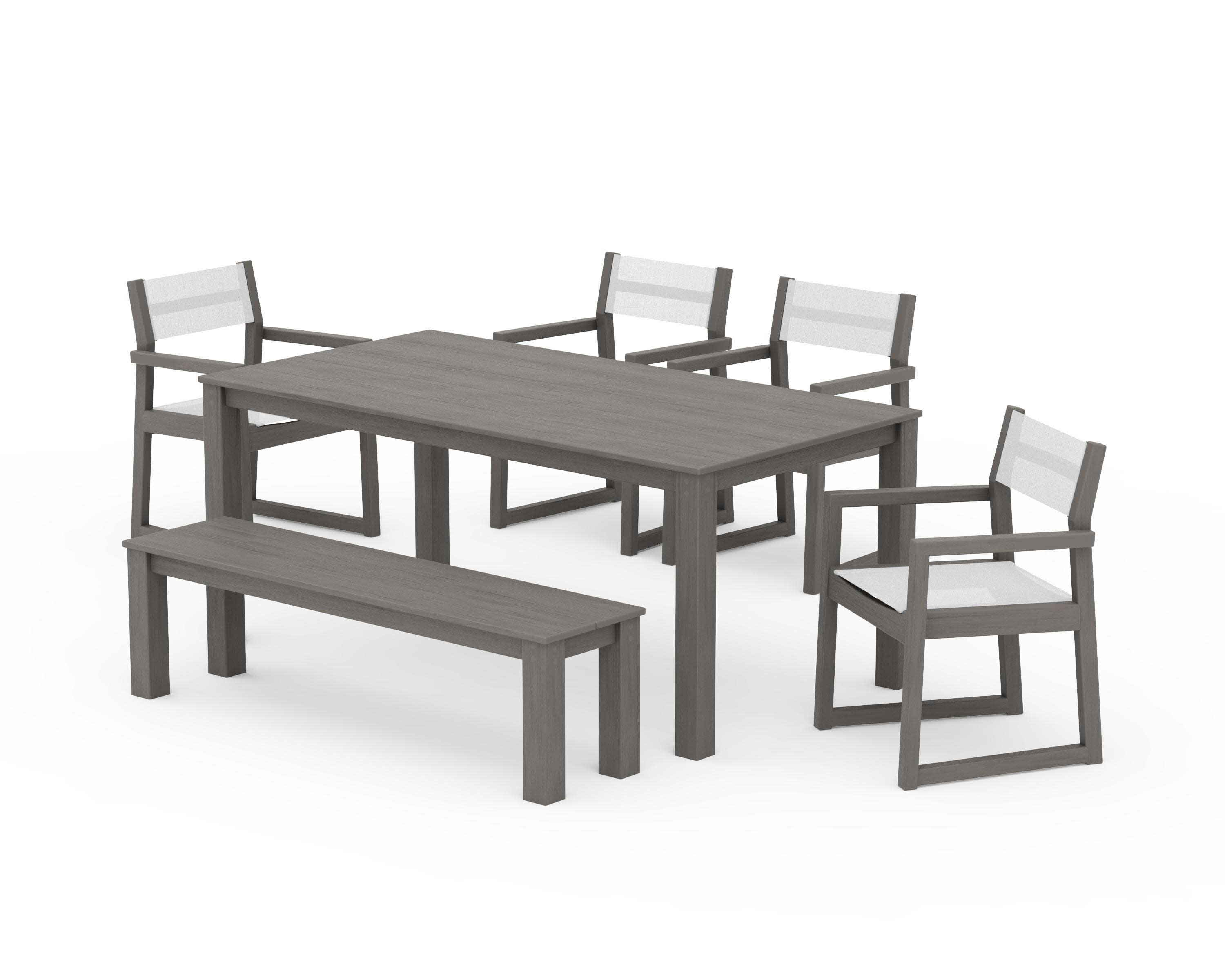 EDGE Sling Arm Chair 6-Piece Parsons Dining Set with Bench in Driftwood / White Sling