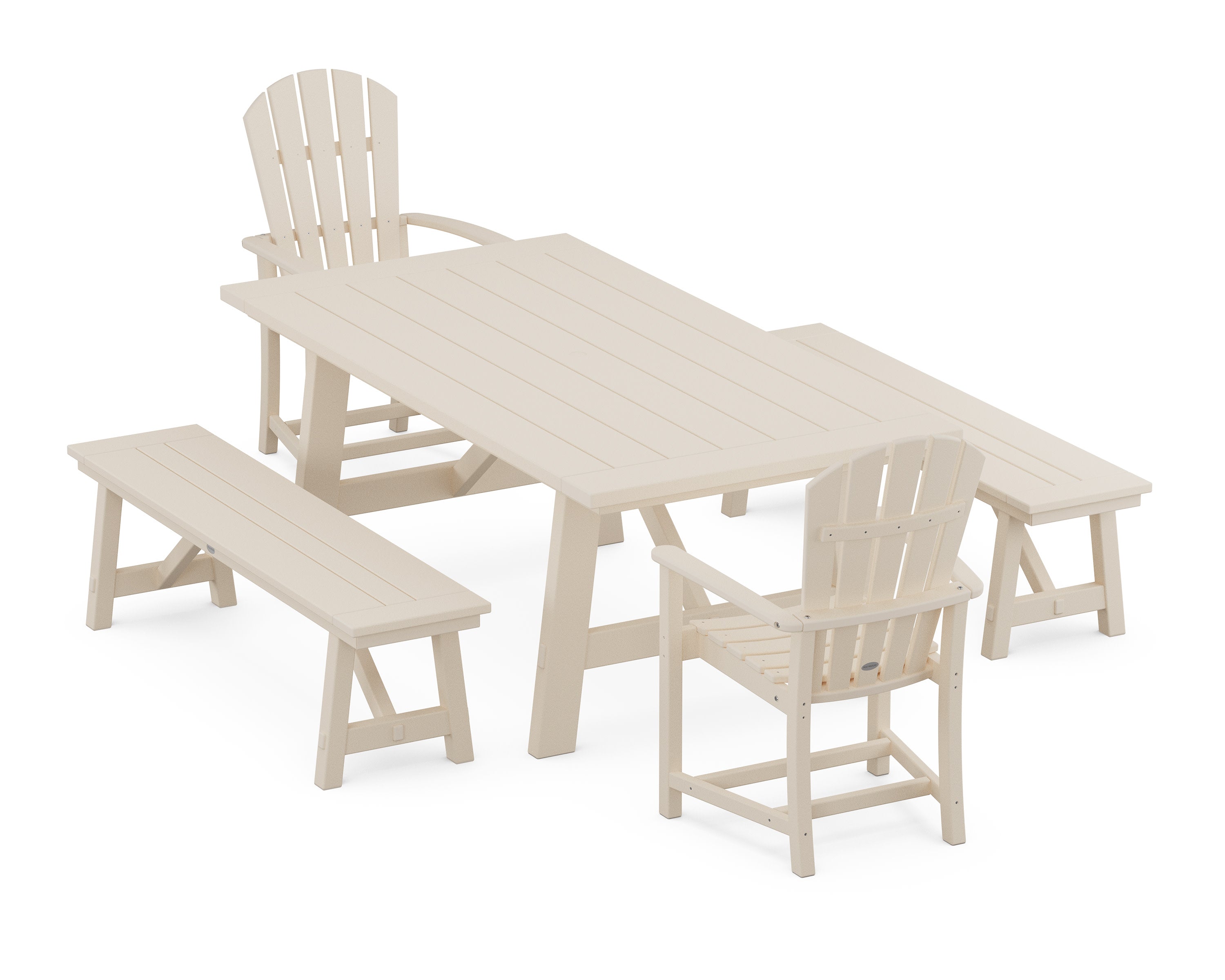 Palm Coast 5-Piece Rustic Farmhouse Dining Set With Benches in Sand