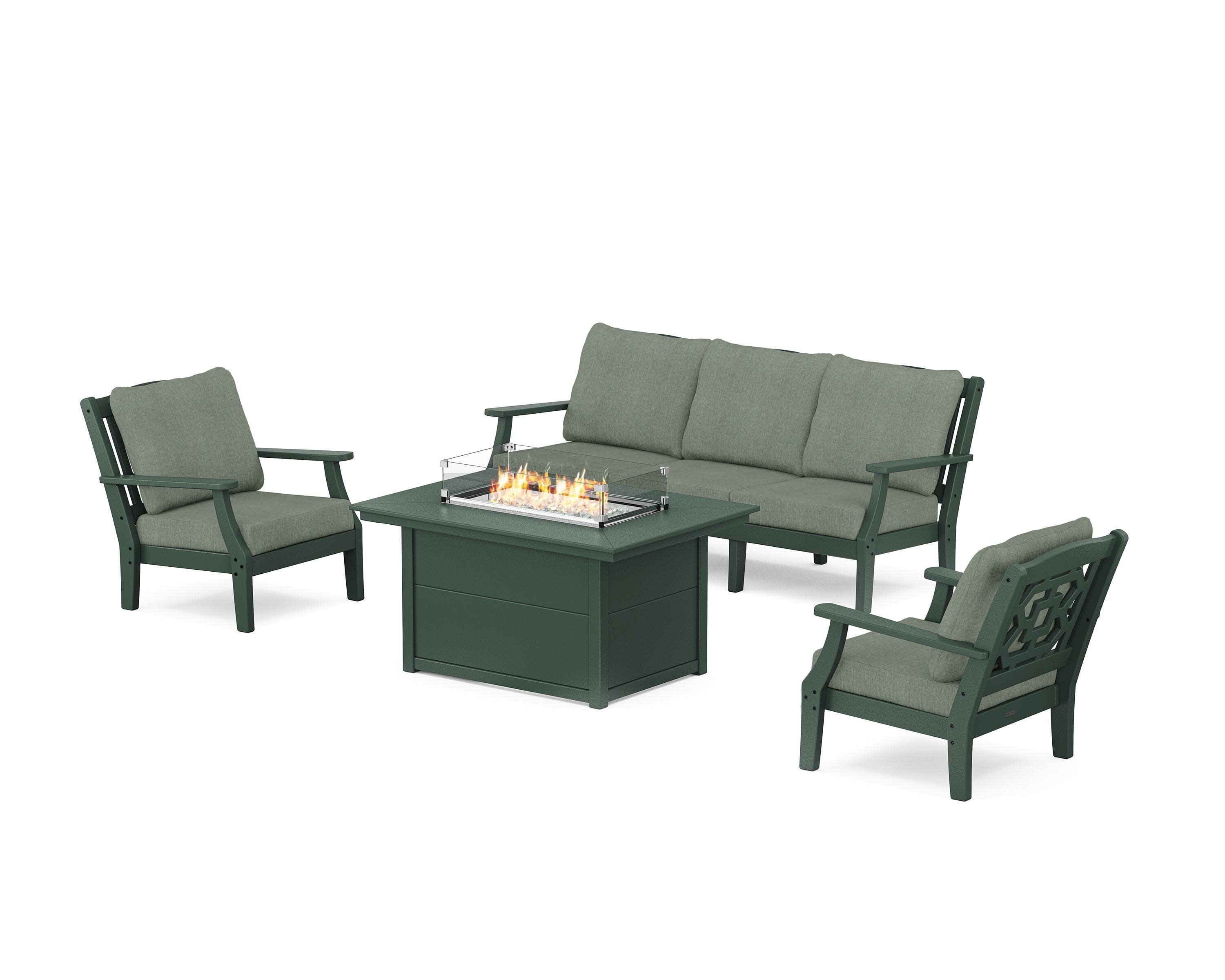 Chinoiserie Deep Seating Fire Pit Table Set in Green / Cast Sage