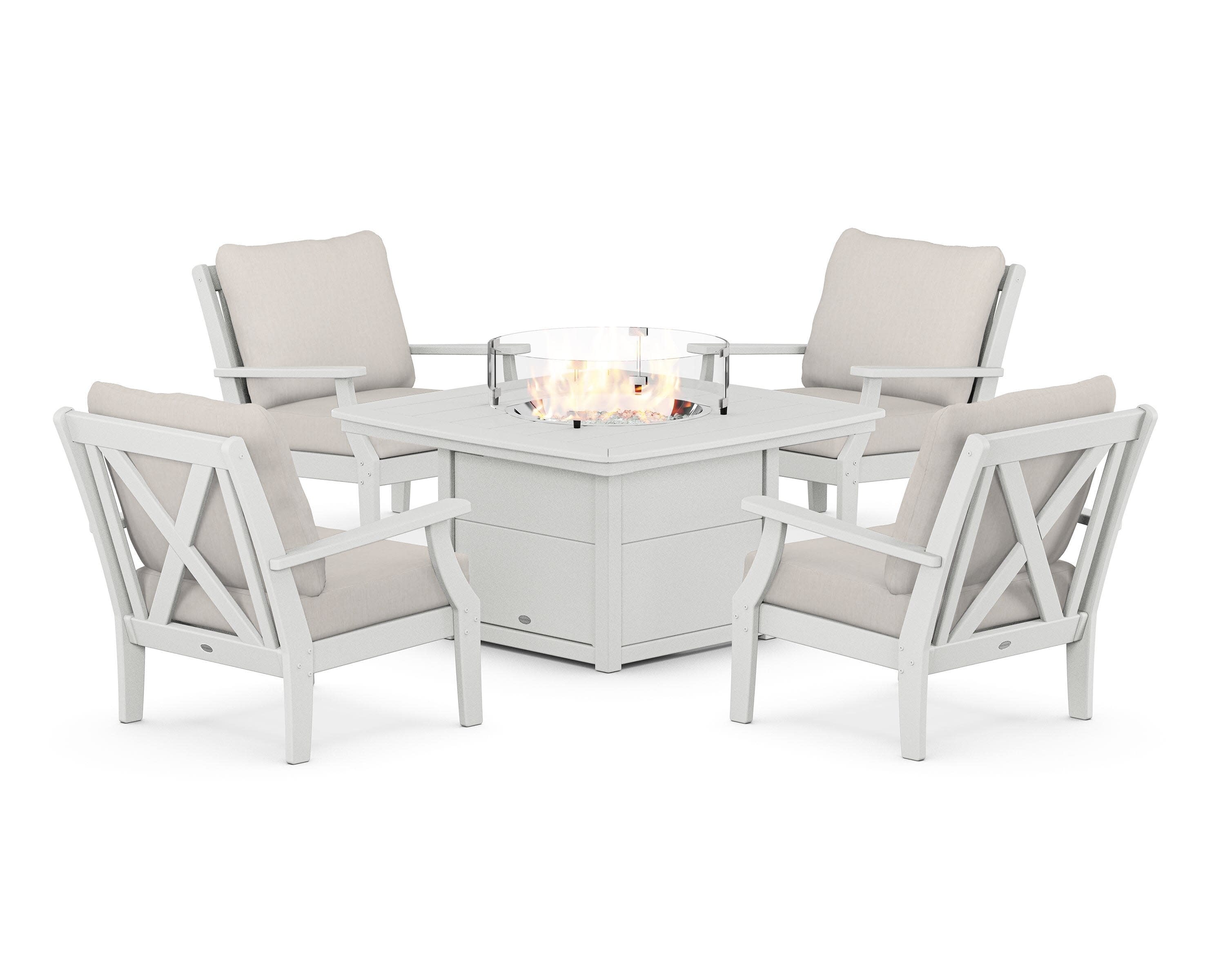 Braxton 5-Piece Deep Seating Conversation Set with Fire Pit Table in White / Cast Ash