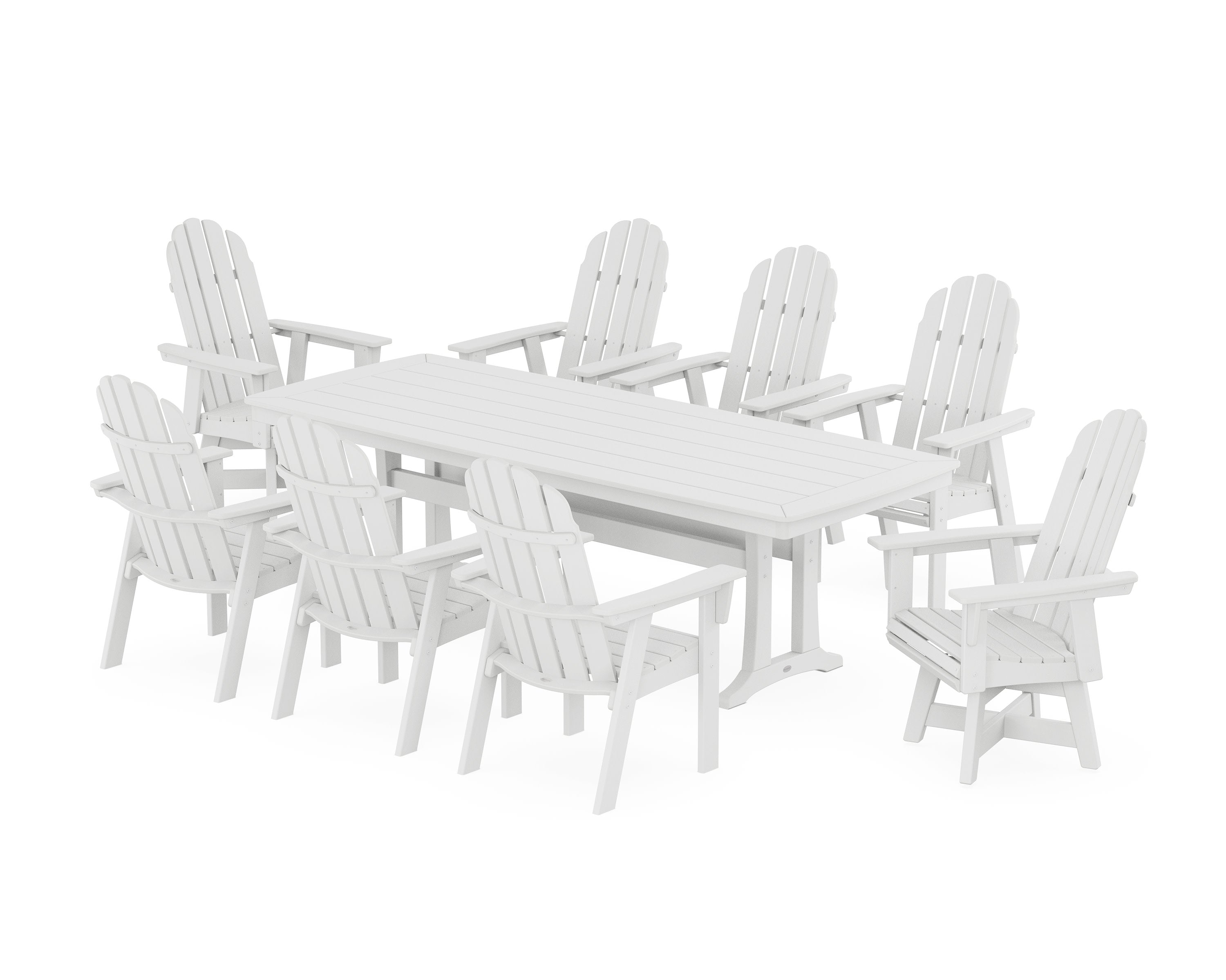 Vineyard Curveback Adirondack Swivel 9-Piece Dining Set with Trestle Legs in White