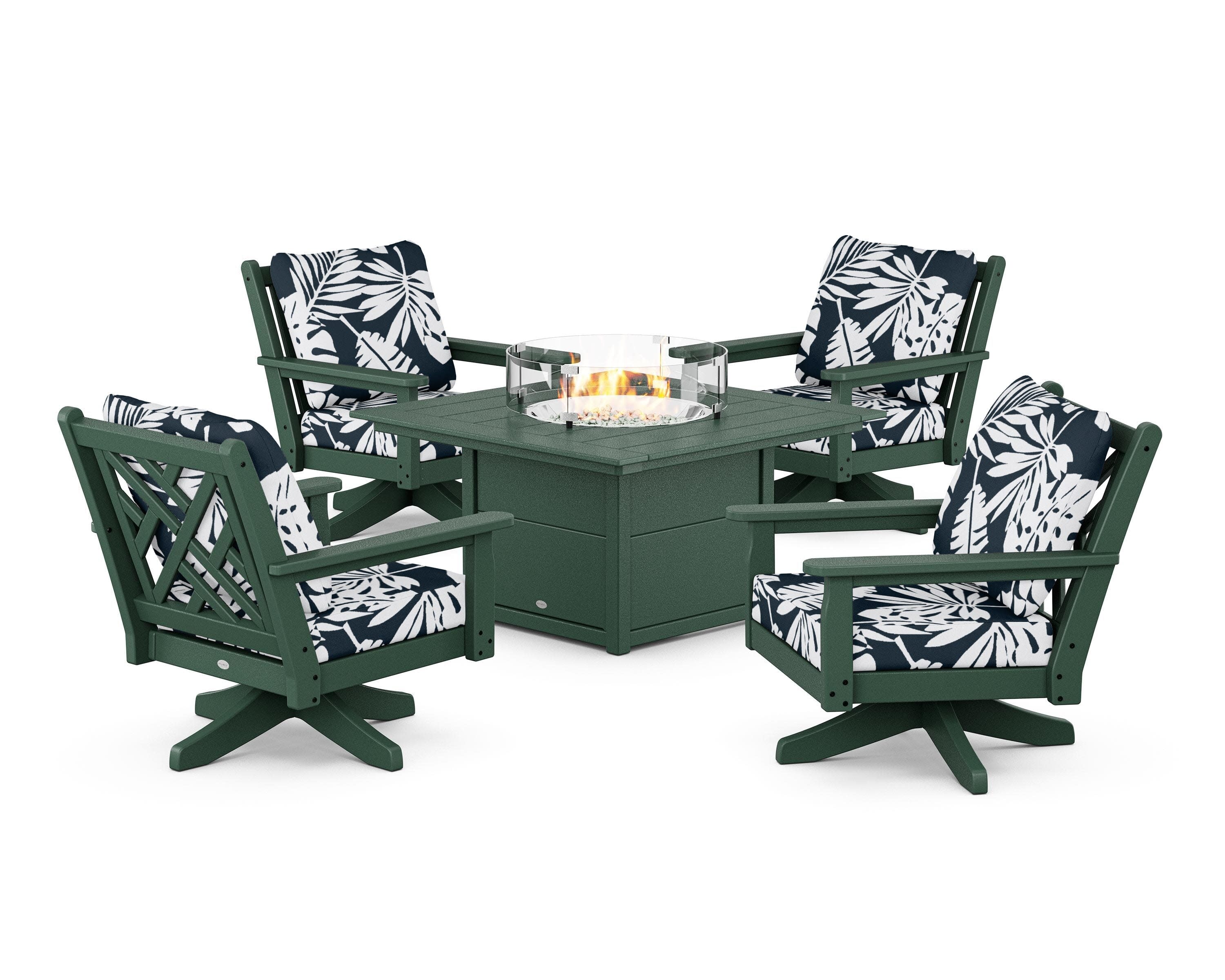 Chippendale 5-Piece Deep Seating Swivel Conversation Set with Fire Pit Table in Green / Leaf Marine Indigo