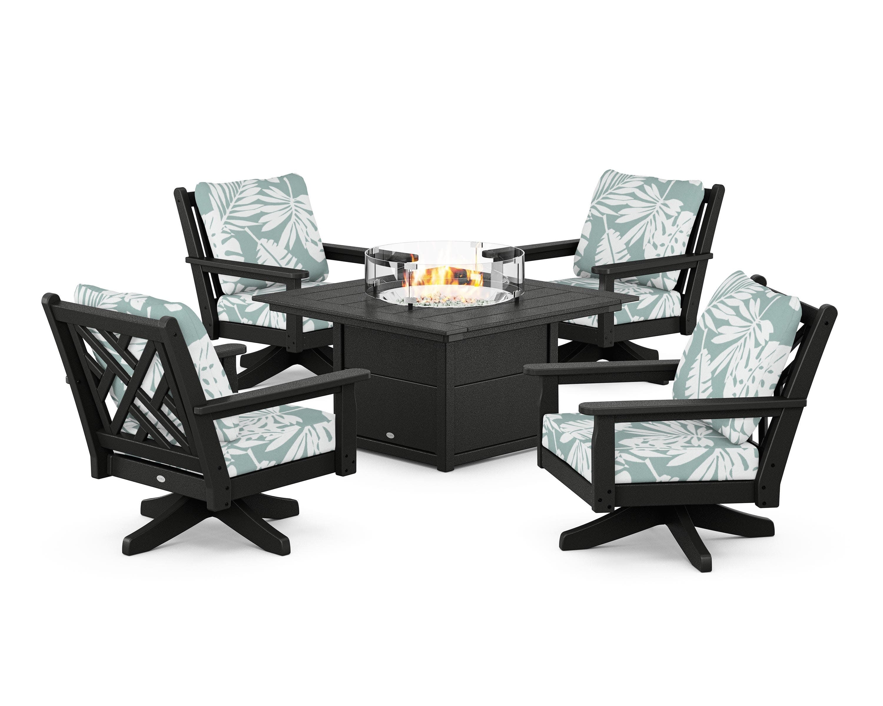 Chippendale 5-Piece Deep Seating Swivel Conversation Set with Fire Pit Table in Black / Leaf Glacier Spa
