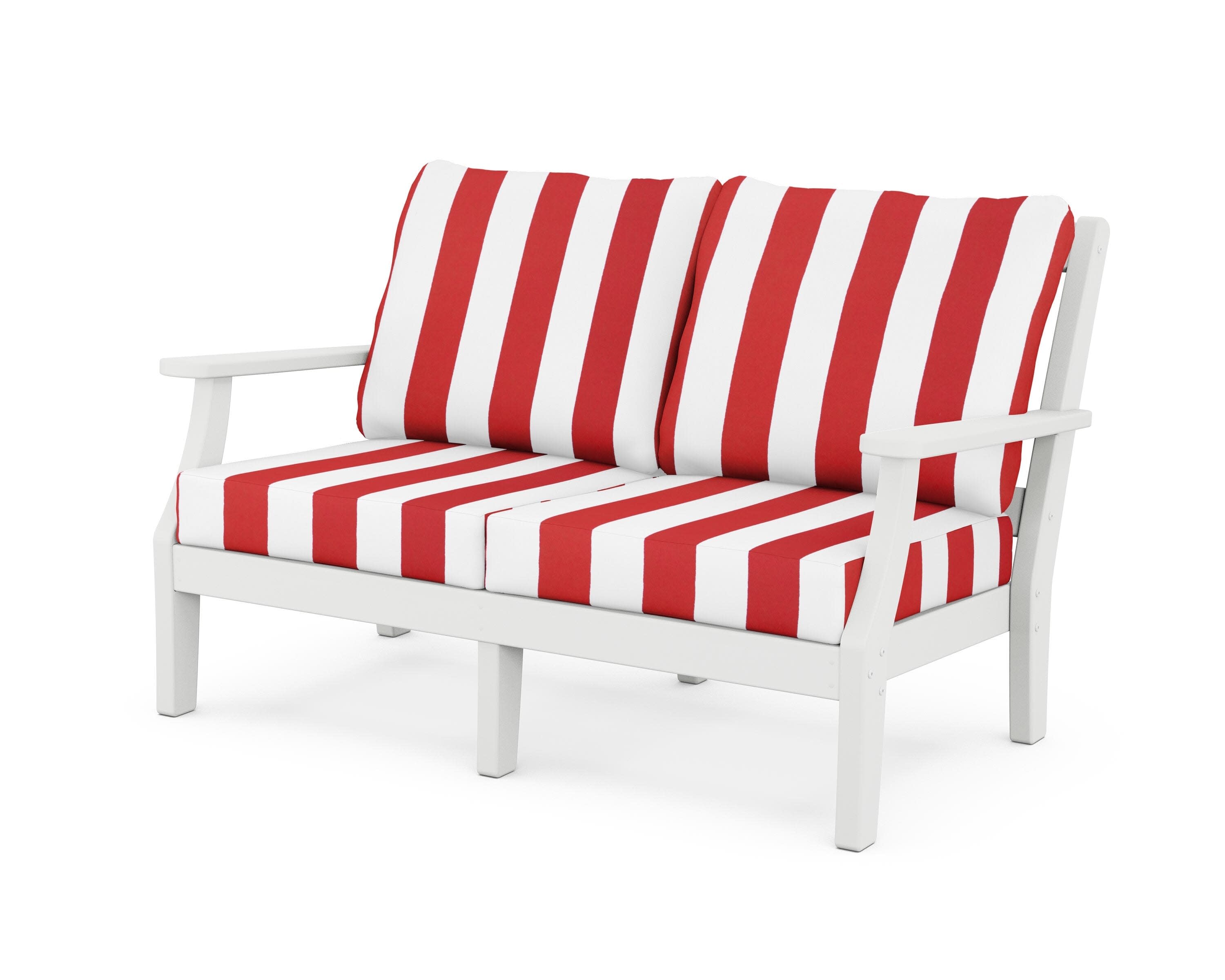 Chinoiserie Deep Seating Loveseat in White / Cabana Stripe Crimson