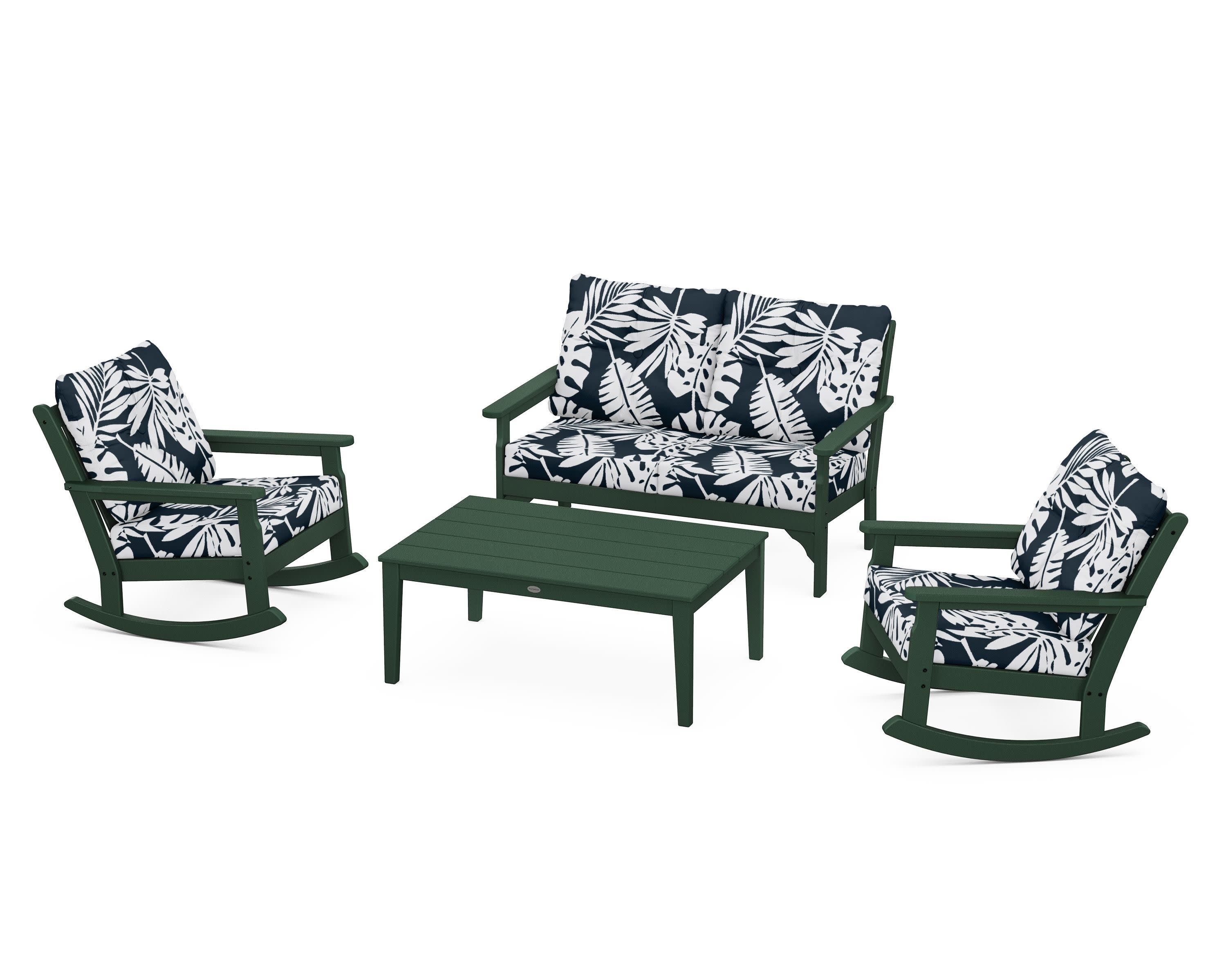 Vineyard 4-Piece Deep Seating Rocking Chair Set in Green / Leaf Marine Indigo