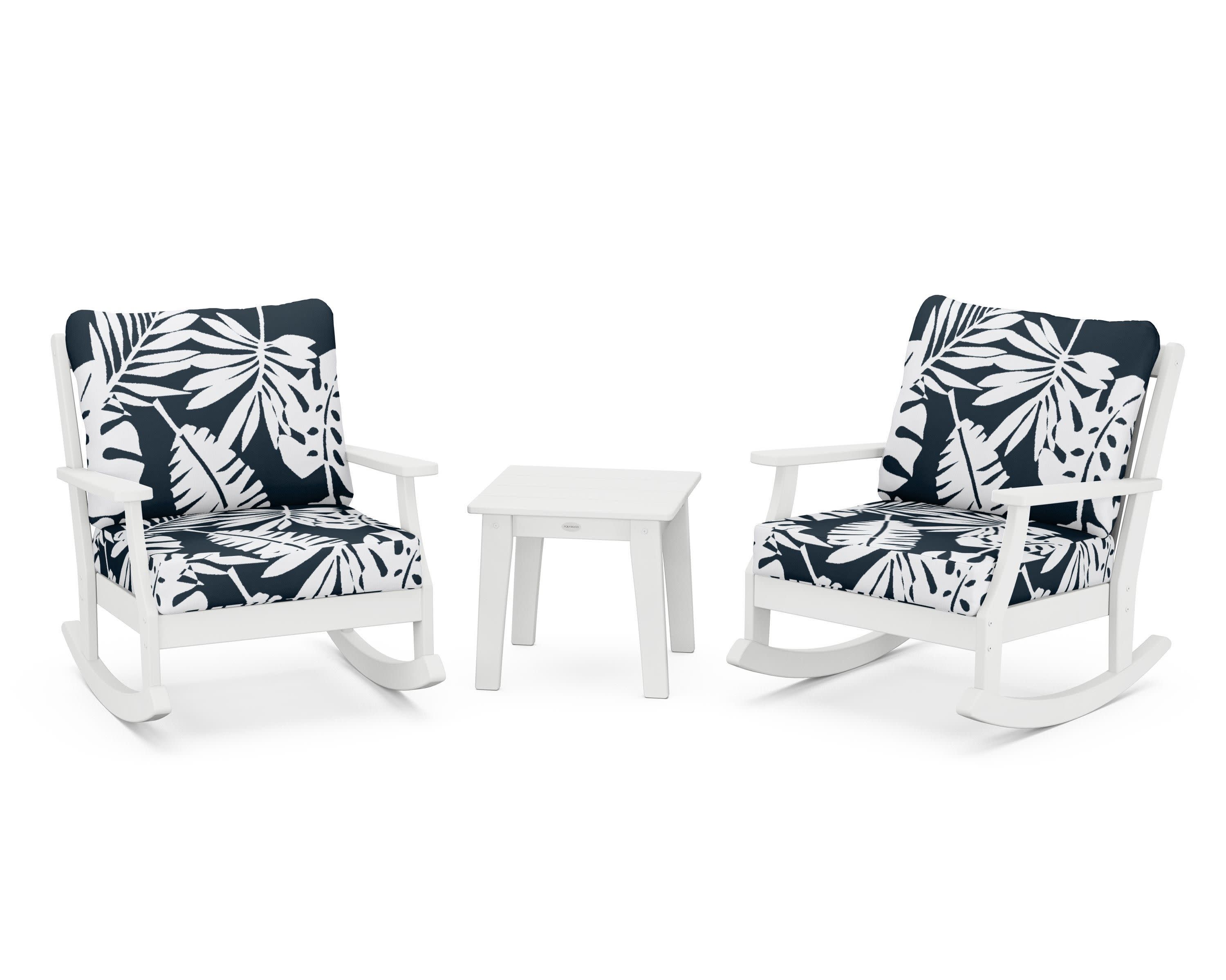 Braxton 3-Piece Deep Seating Rocker Set in White / Leaf Marine Indigo