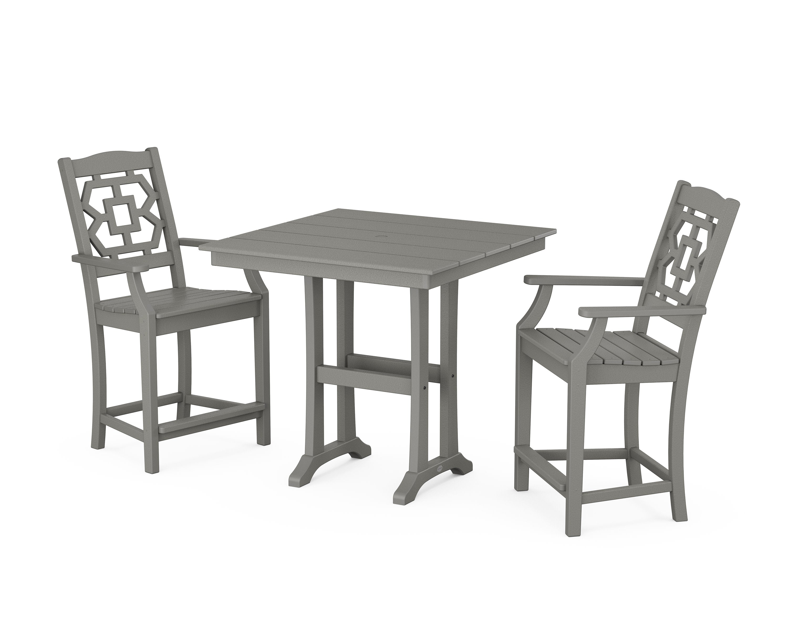 Chinoiserie 3-Piece Farmhouse Counter Set with Trestle Legs in Slate Grey