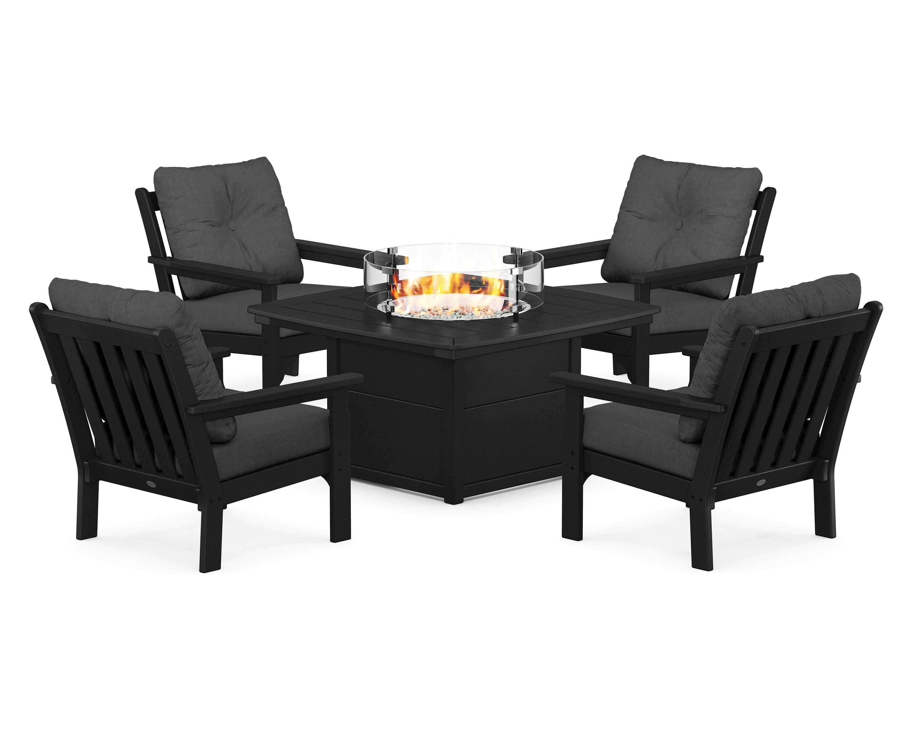 Vineyard 5-Piece Conversation Set with Fire Pit Table in Black / Spectrum Carbon
