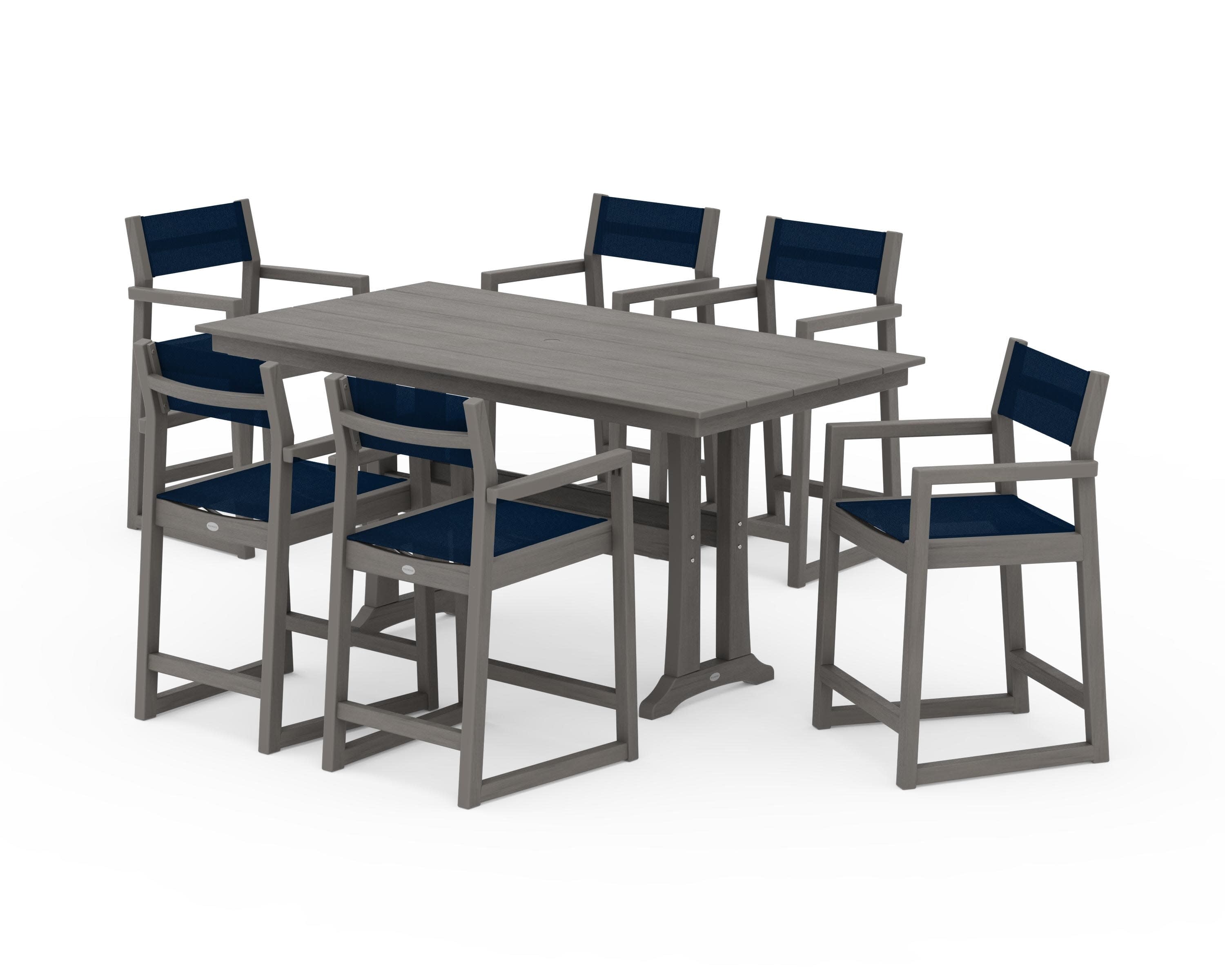 EDGE Sling Arm Chair 7-Piece Farmhouse Counter Set with Trestle Legs in Driftwood / Navy Blue Sling
