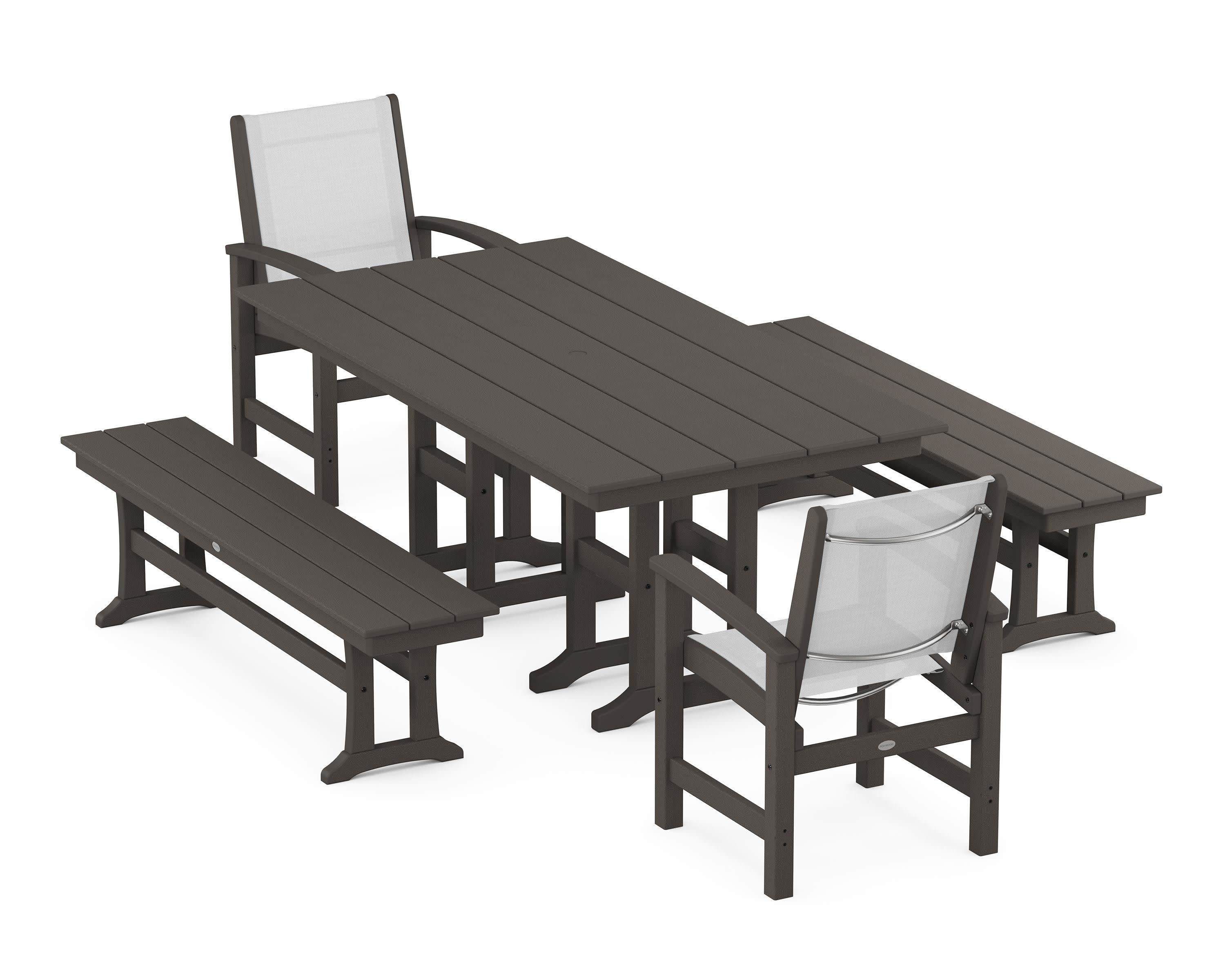 Coastal 5-Piece Farmhouse Dining Set in Vintage Coffee / White Sling