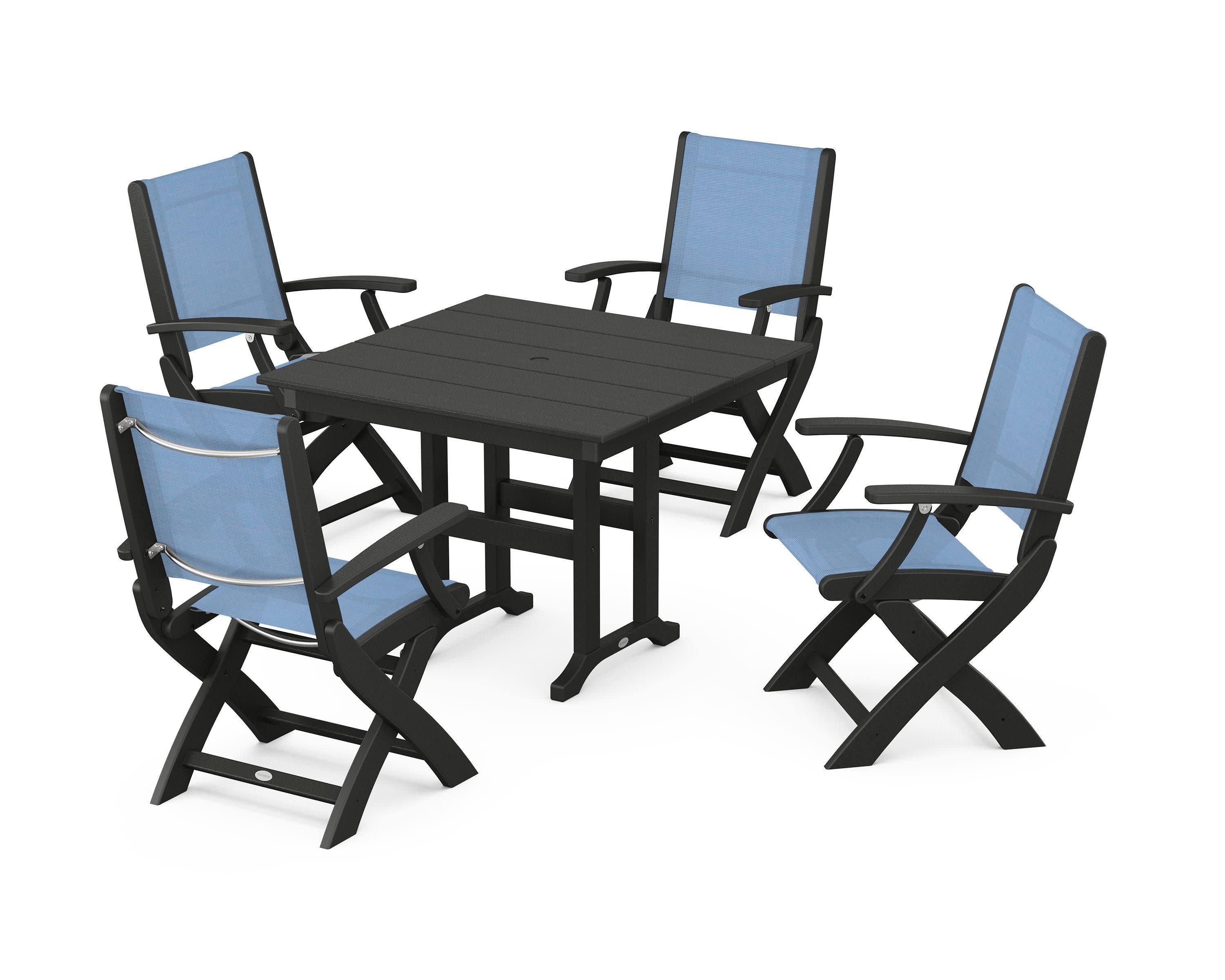 Coastal Folding Chair 5-Piece Farmhouse Dining Set in Black / Poolside Sling