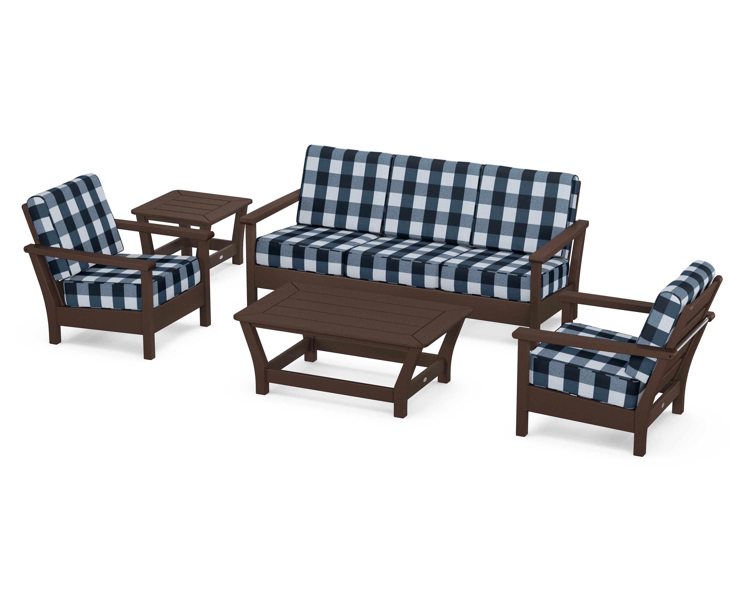 Harbour 5-Piece Deep Seating Set in Mahogany / Buffalo Plaid Marine Indigo