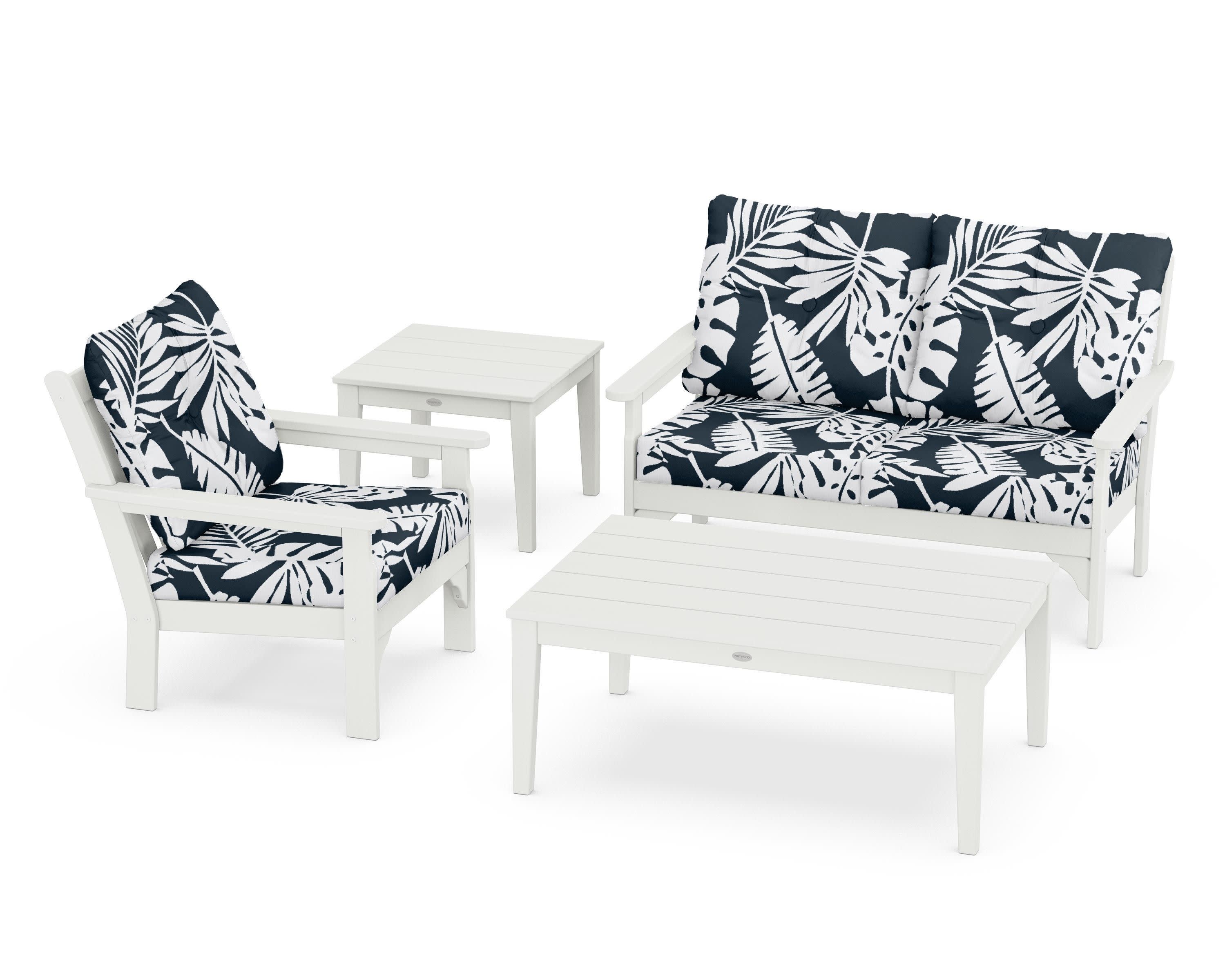 Vineyard 4-Piece Deep Seating Set in Vintage White / Leaf Marine Indigo